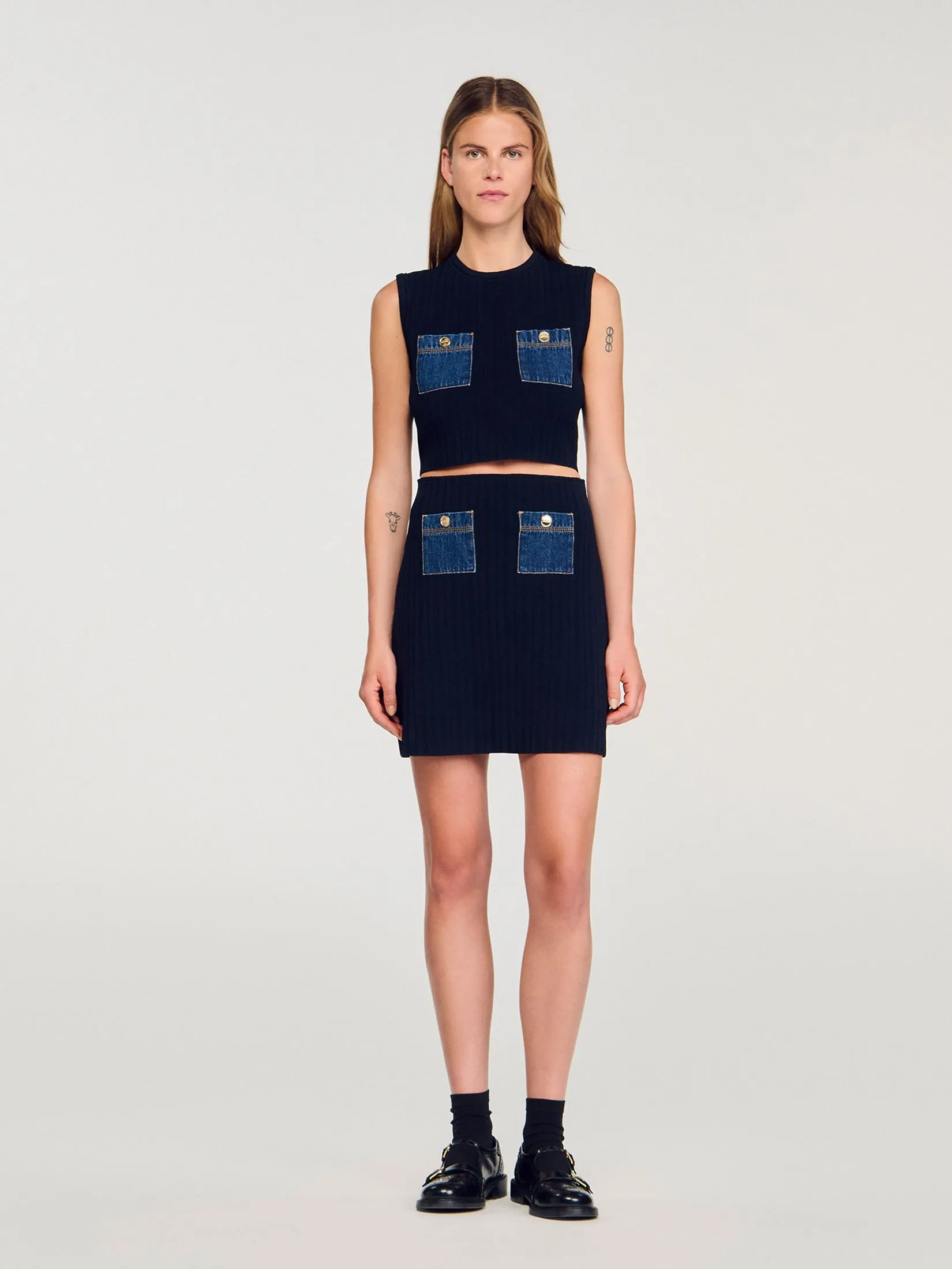 SANDRO Mini Knit and Denim Skirt