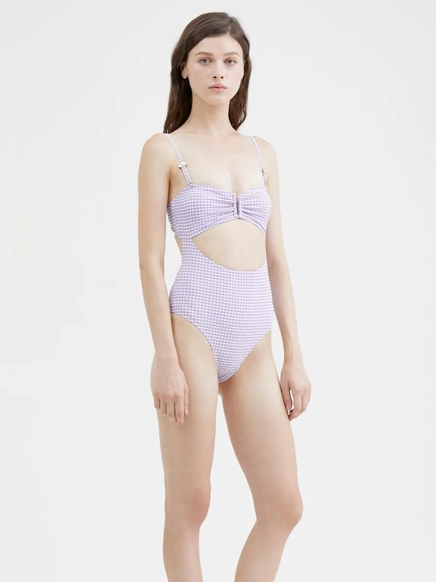 KLOSET (KK22)Open front GINGHAM ONE PIECE purple
