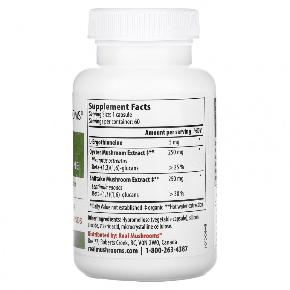 Real Mushrooms, ERGO + L-эрготионеин`` 60 капсул
