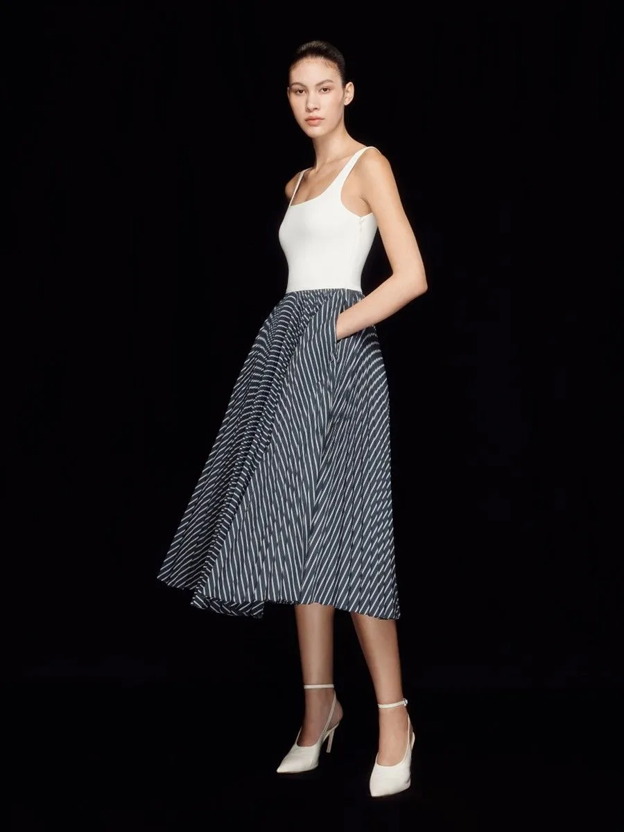 ASAVA ( SS24 ) Striped Pleated Women Midi Dress Navy Blue