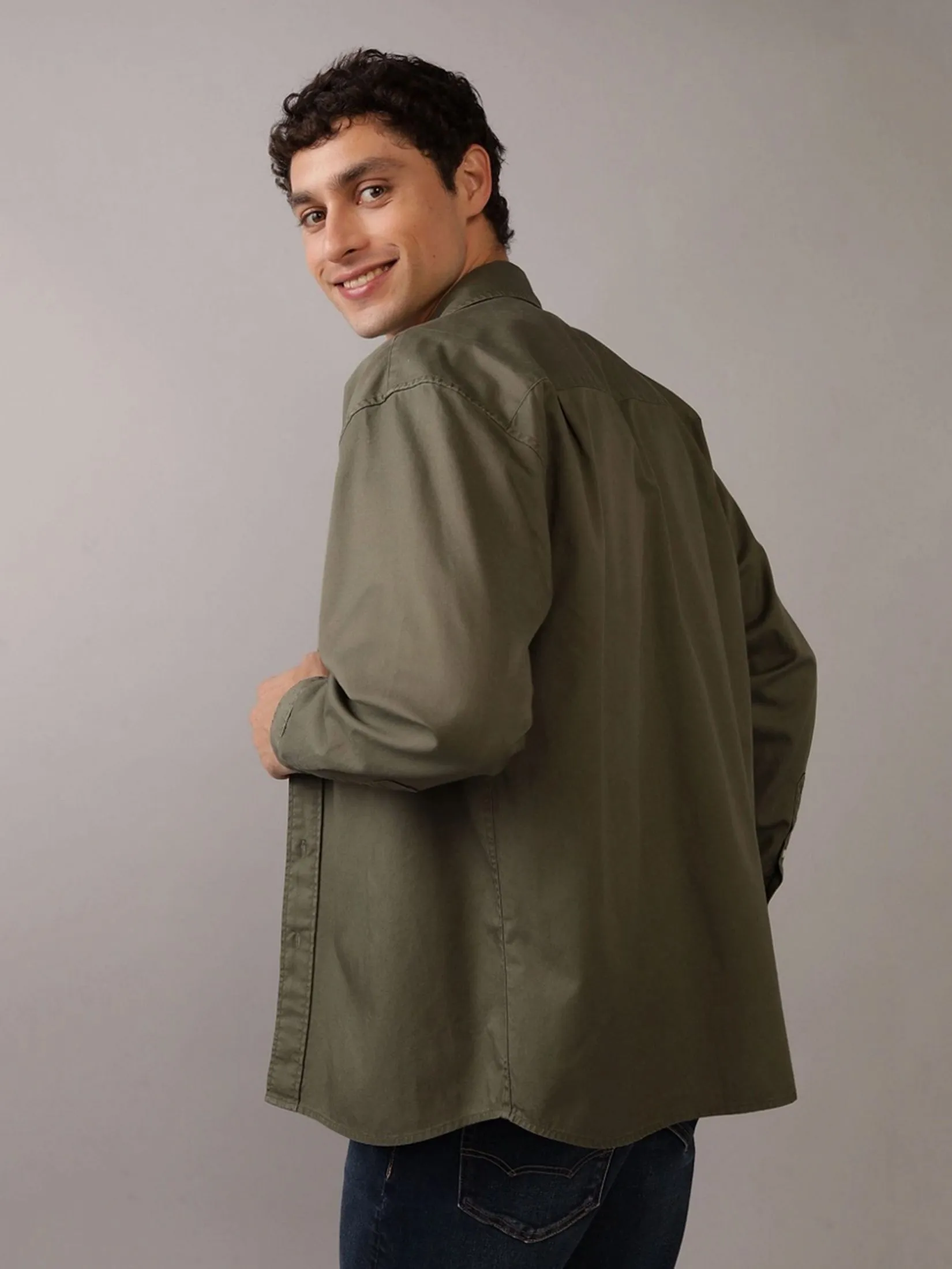 AMERICAN EAGLE MEN OLIVE TINT OVERSIZED CSC SHIRTING CHINO SHIRT 378 GREEN FLASH