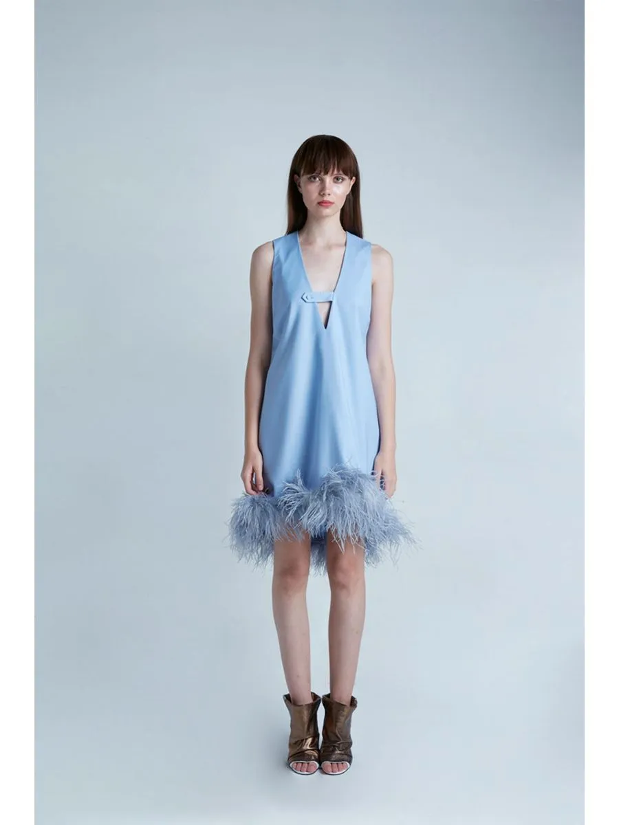 SENADA WOMEN PLUNGE NECK FUR TRIMMED LIGHT BLUE DRESS