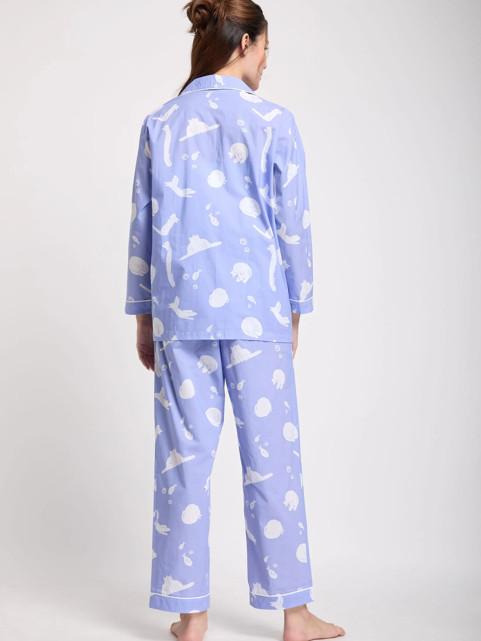 FOF Women Pyjamas Shirt Long Sleeves Collar Neck + Pants Print Purple