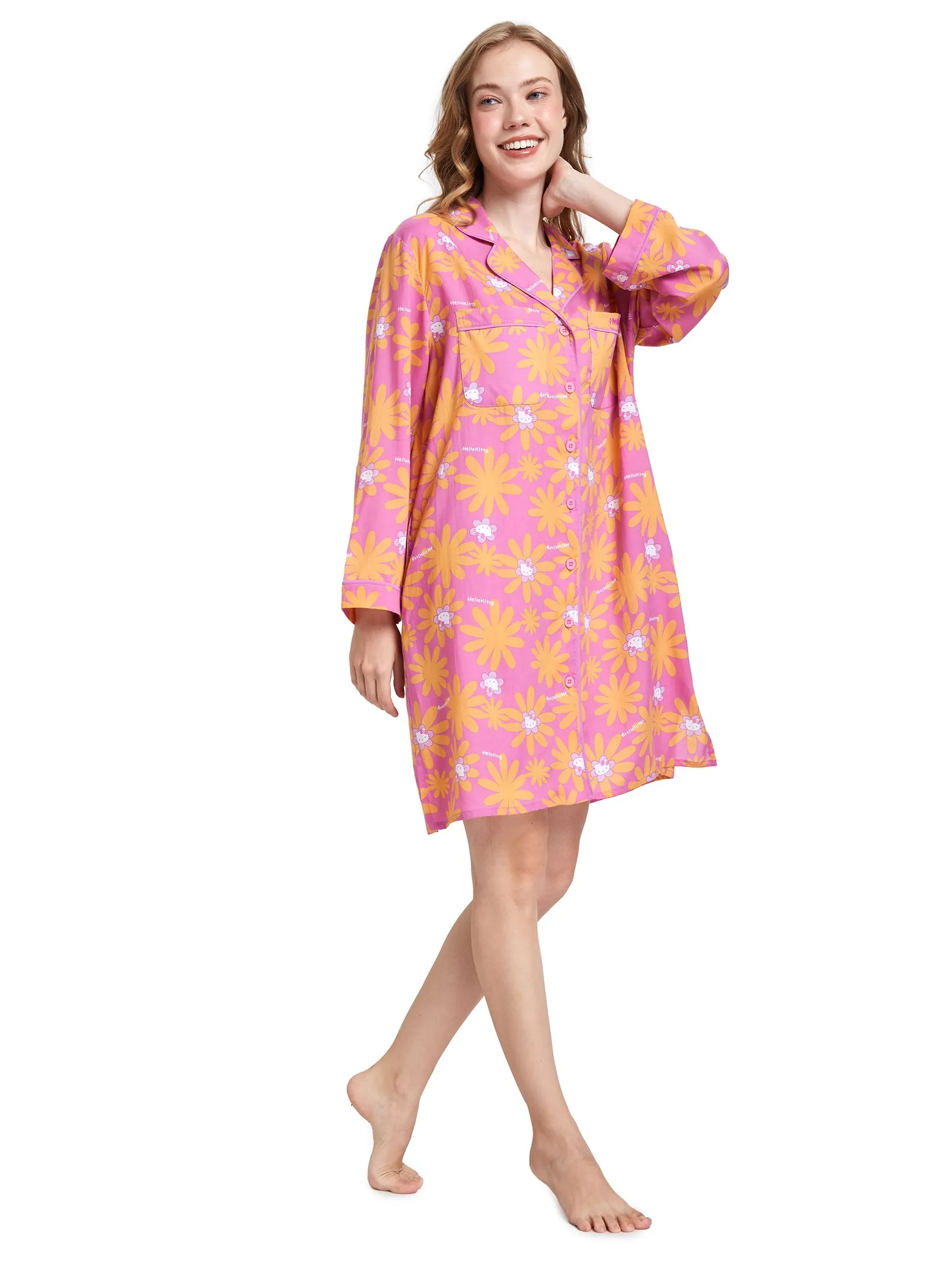 SANRIO Women Pyjamas Dress Long Sleeves Flower Face Hello Kitty Pink