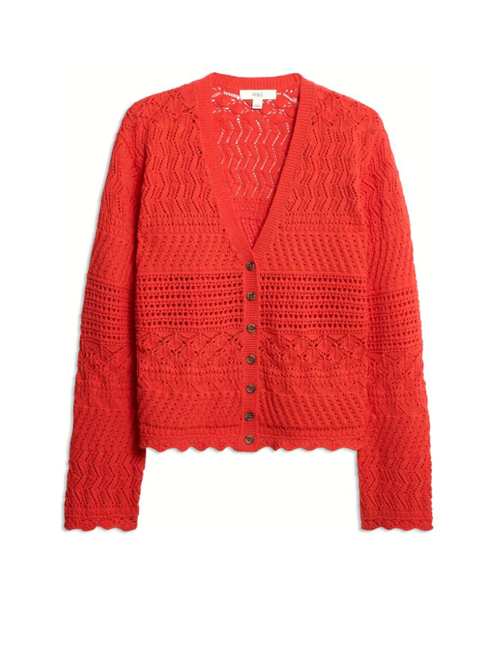 MARKS & SPENCER Women Cardigan V-Neck Button Front Cotton Blend Pointelle Tomato