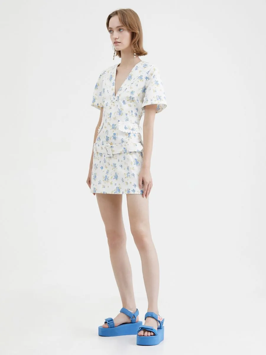 KLOSET (RS23)Flowers Lace Front Pockets Dress With Belt Blue