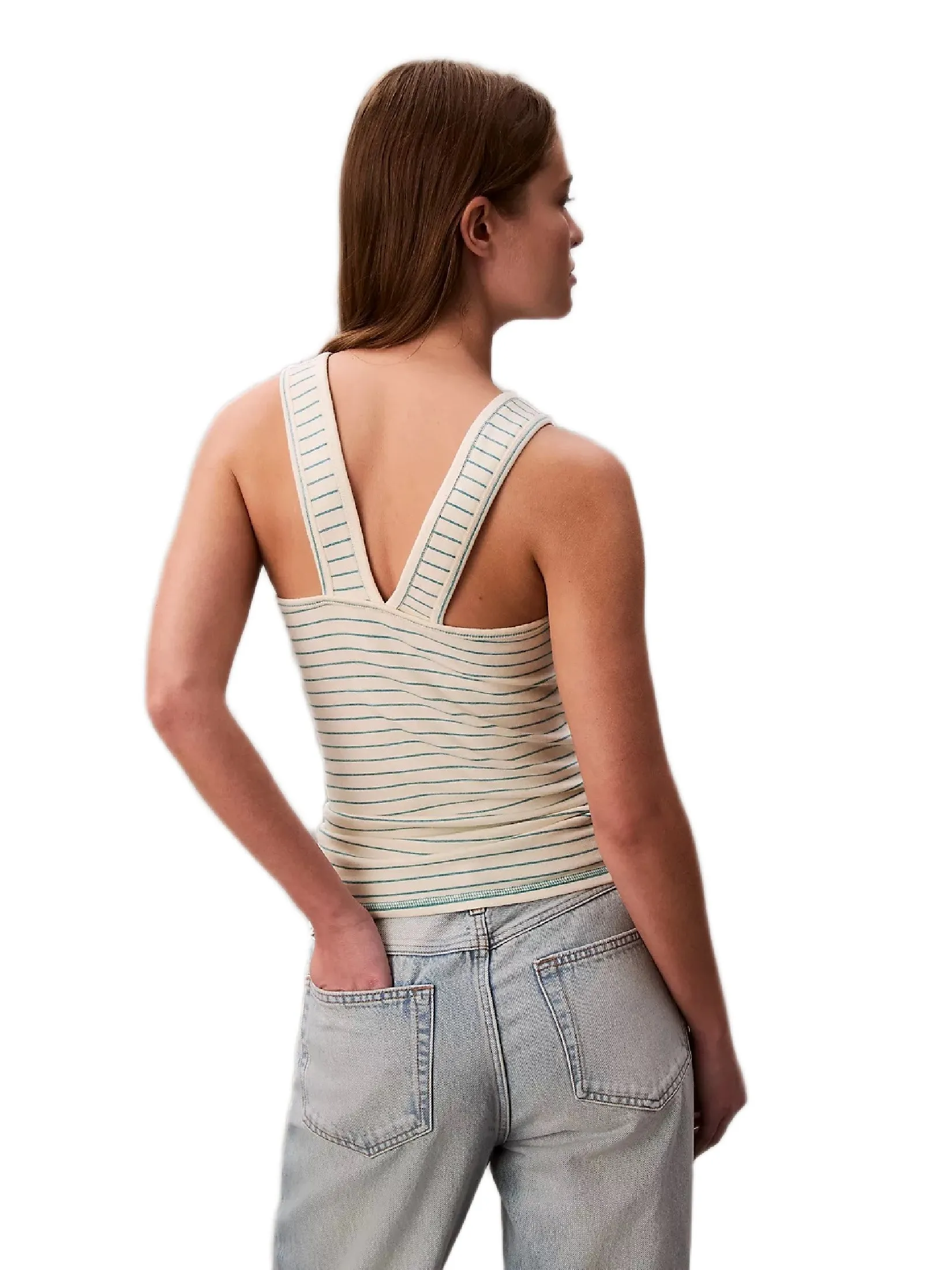 CALVIN KLEIN Women s Cotton Rib Stripe Logo Graphic Tank Top Cream