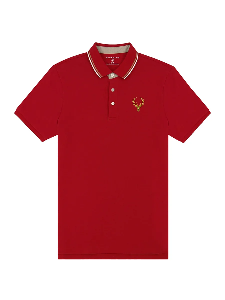 GIORDANO Men's Pique Deer Embroidery Bold Polo Haute Red