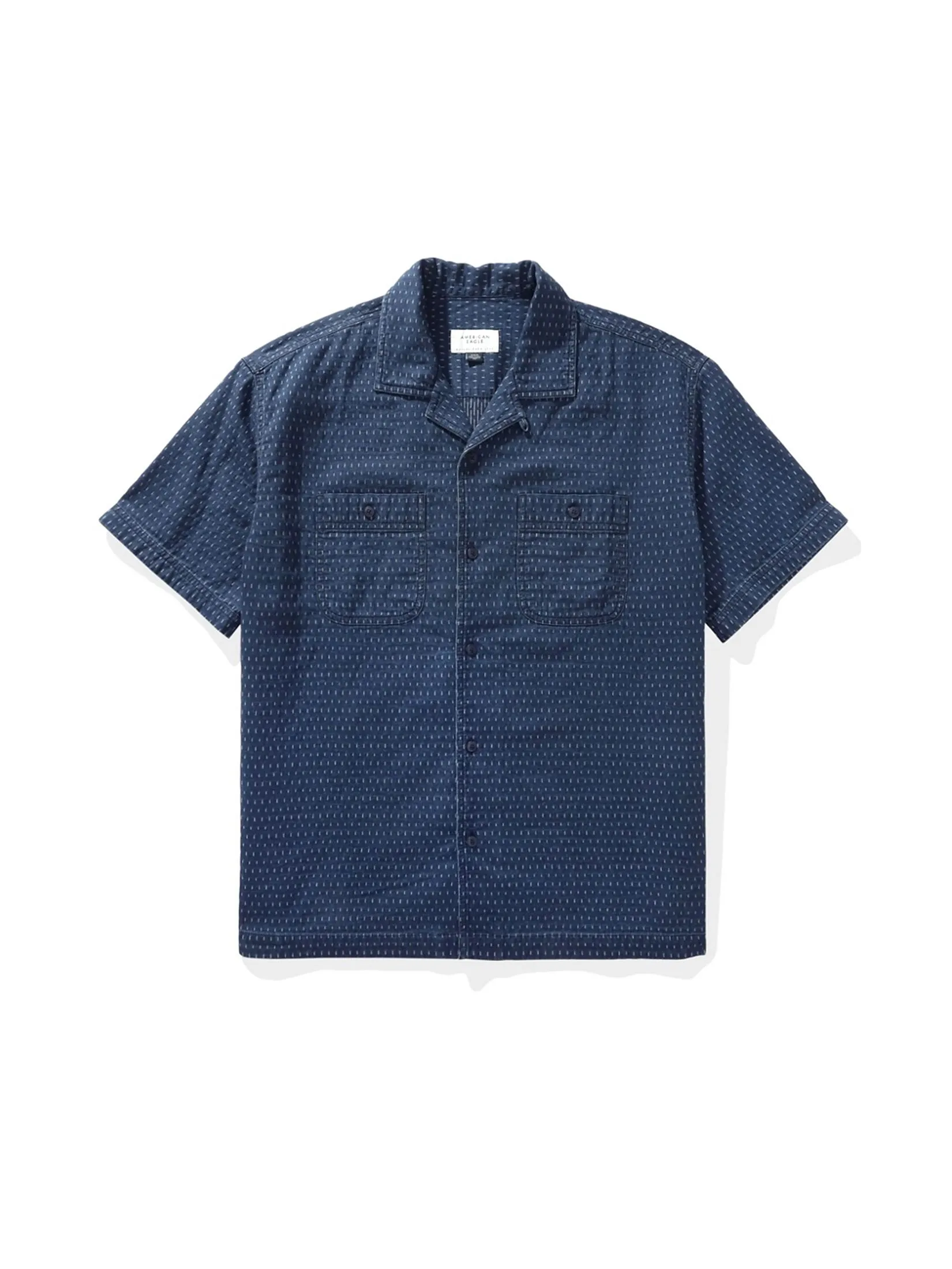 AMERICAN EAGLE MEN SS OVERSIZED CAMP COLLAR 2 PKT MELVIN INDIGO DOBBY 404 ICE BLUE