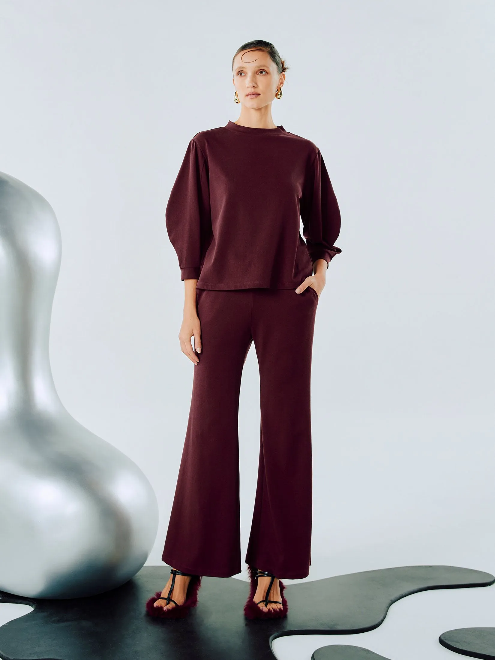 SHAKA Woman Pants  Stretch Jersey Flare Maroon