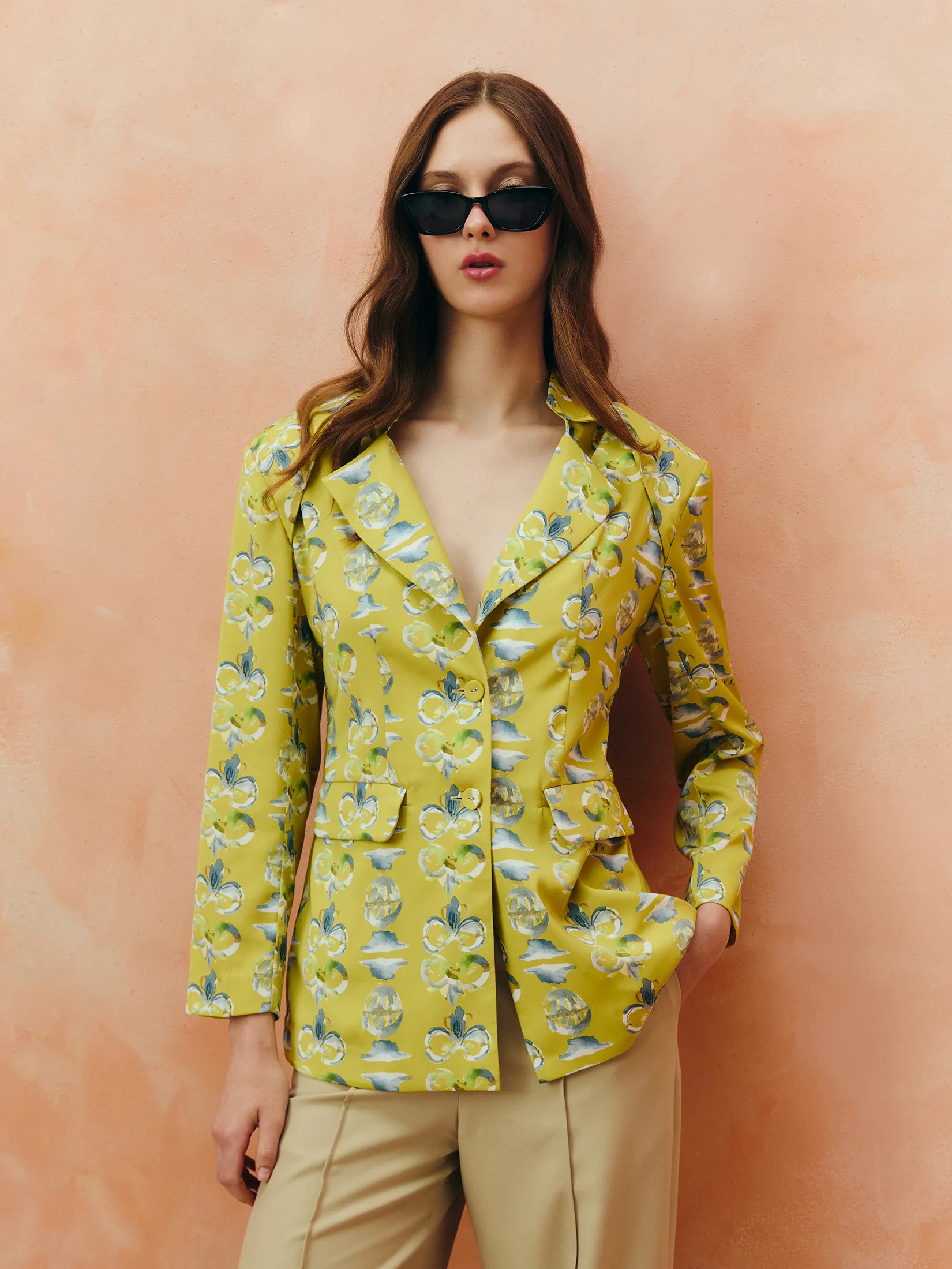 SHAKA Woman Blouse Printed Satin Tailored Jacket Yellow