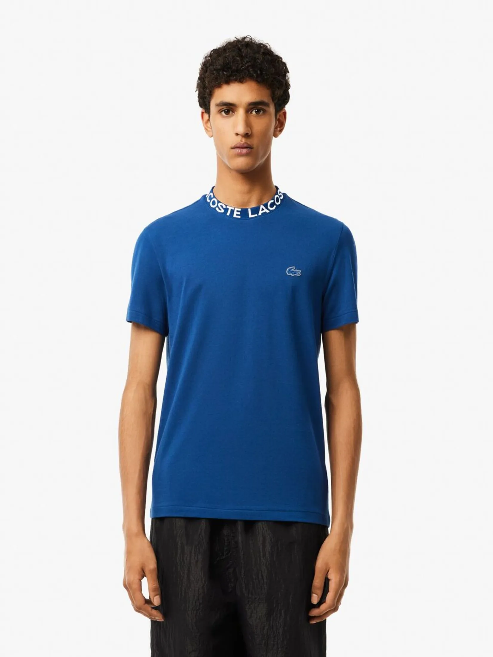 LACOSTE Jacquard Neck Piqu  Logo T-shirt Blue Size - XL