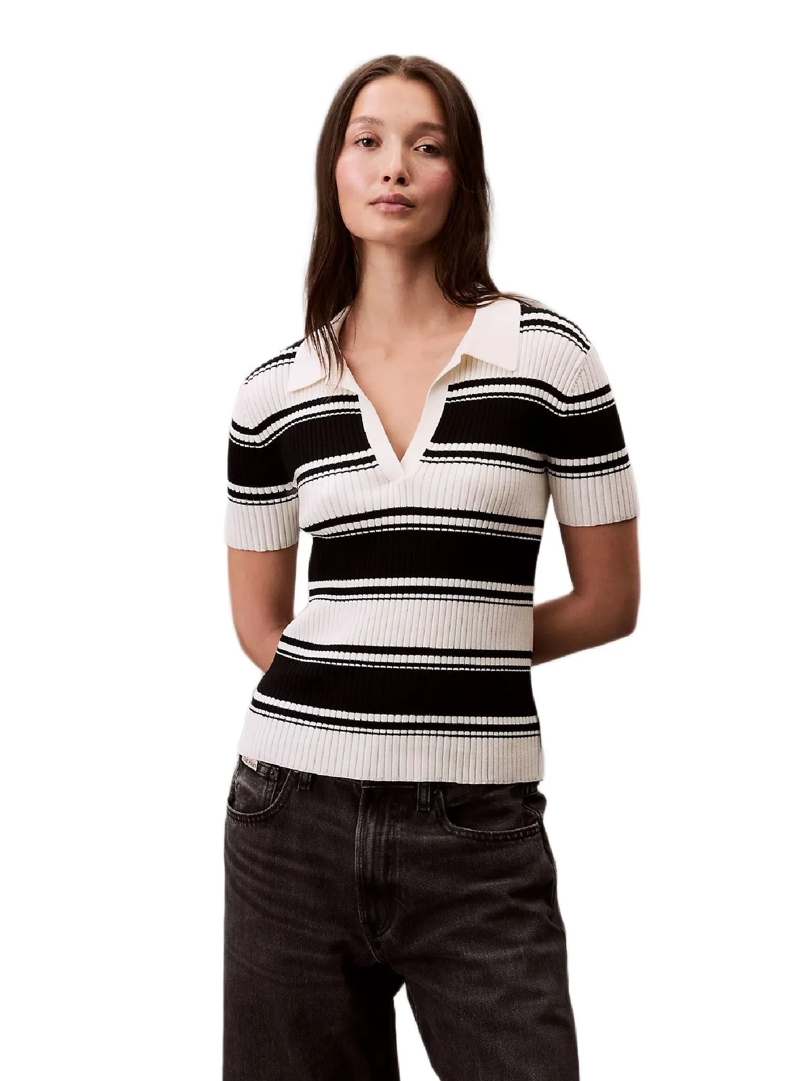 CALVIN KLEIN Women's Smooth Cotton Rib Stripe Polo Shirt Multicolor