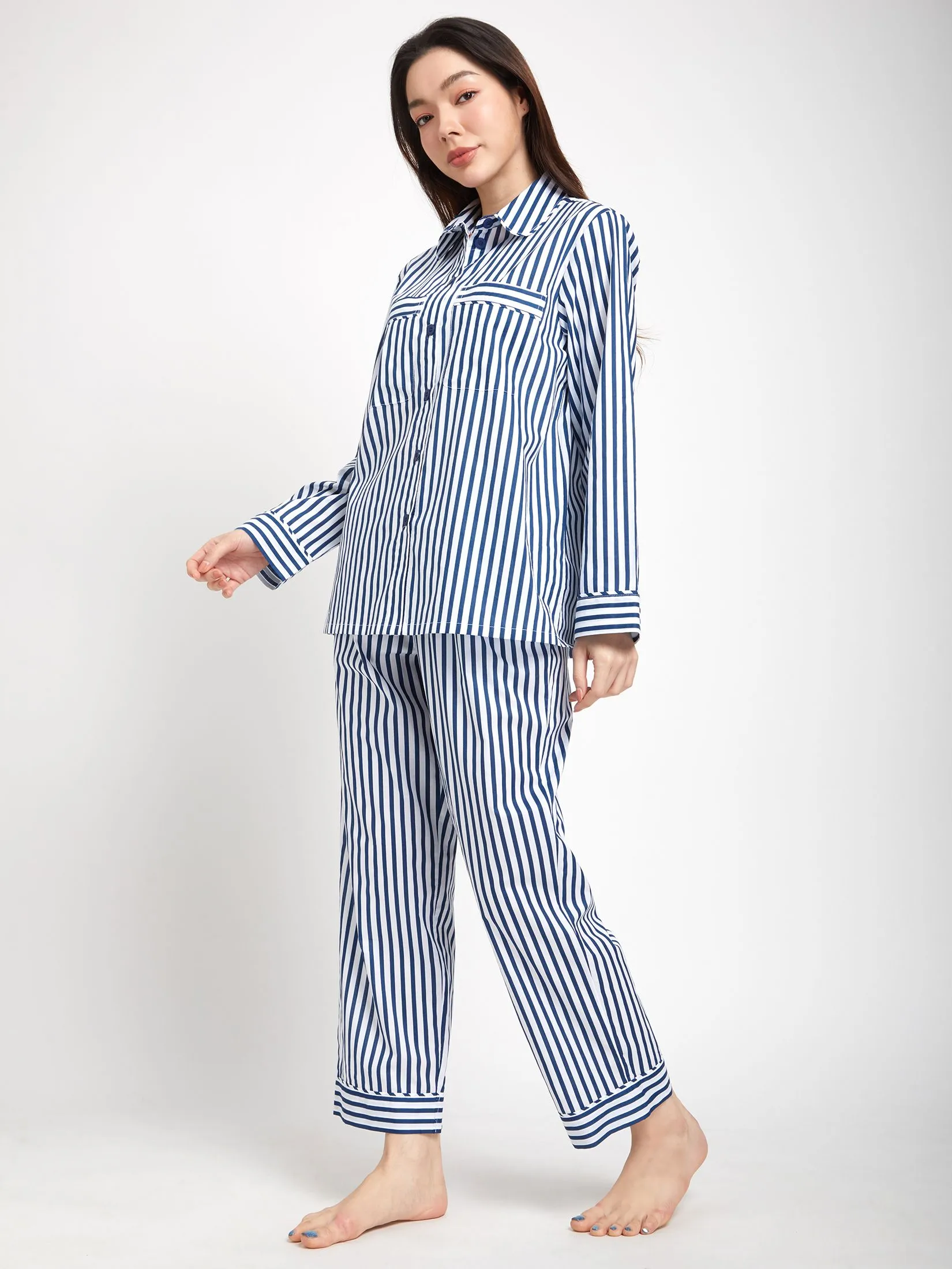 CLAUDIA'S ROMANCE Women Pyjamas Shirt Long Sleeves Collar + Pants Striped Print Multi-Color