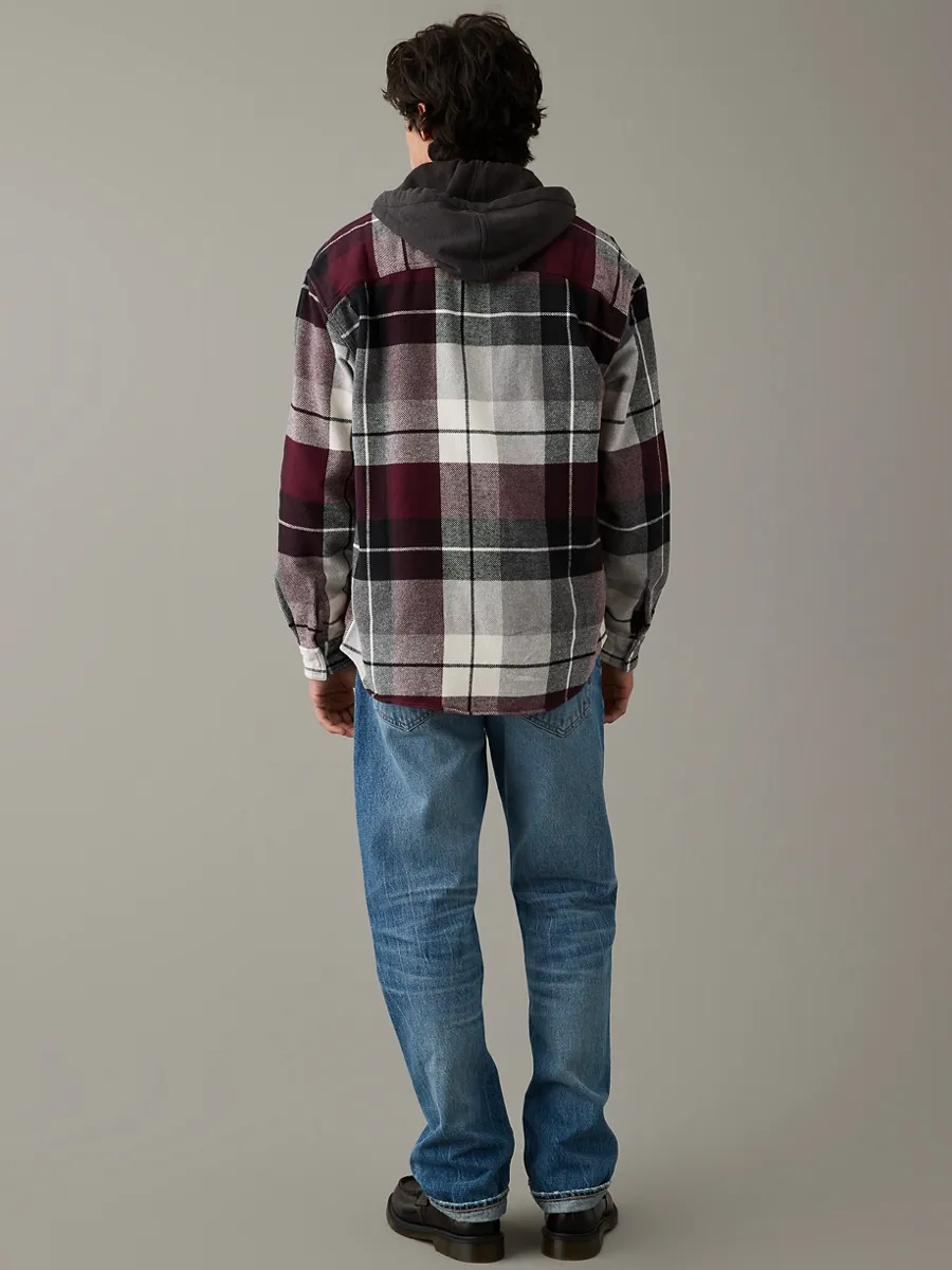 AMERICAN EAGLE MEN JEFFREY PLAID HOODED 3X1 FLANNEL 647 MAROON