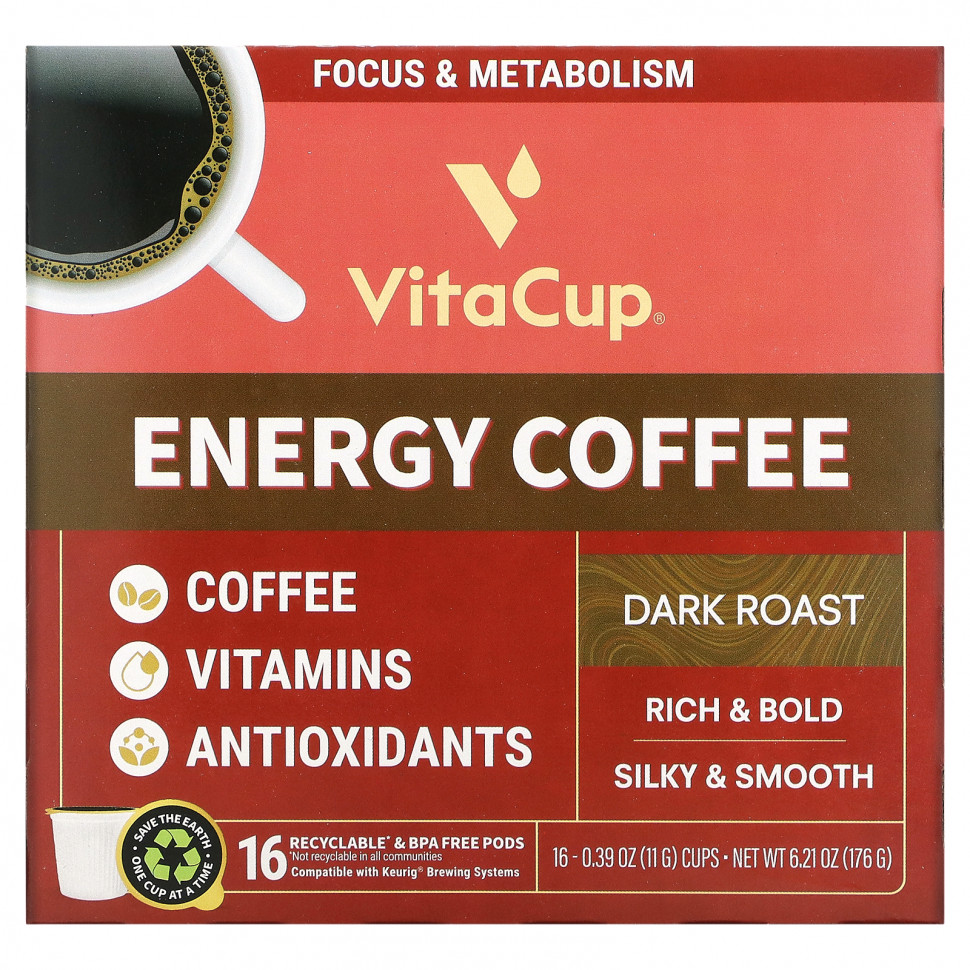 VitaCup, Energy Coffee, темная обжарка, 16 чашек по 11 г (0,39 унции)