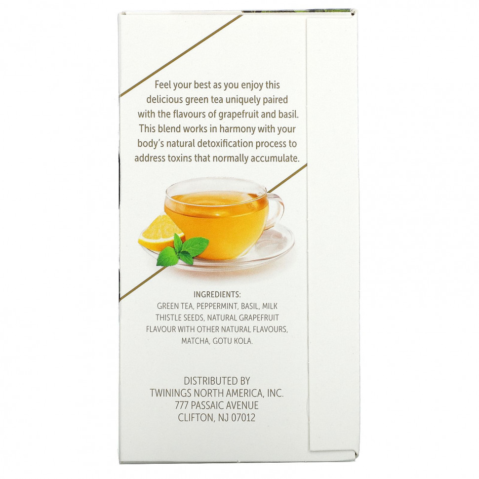 Twinings, Detox, адаптогены, зеленый чай со вкусом грейпфрута и базилика, 18 чайных пакетиков, 36 г (1,27 унции)