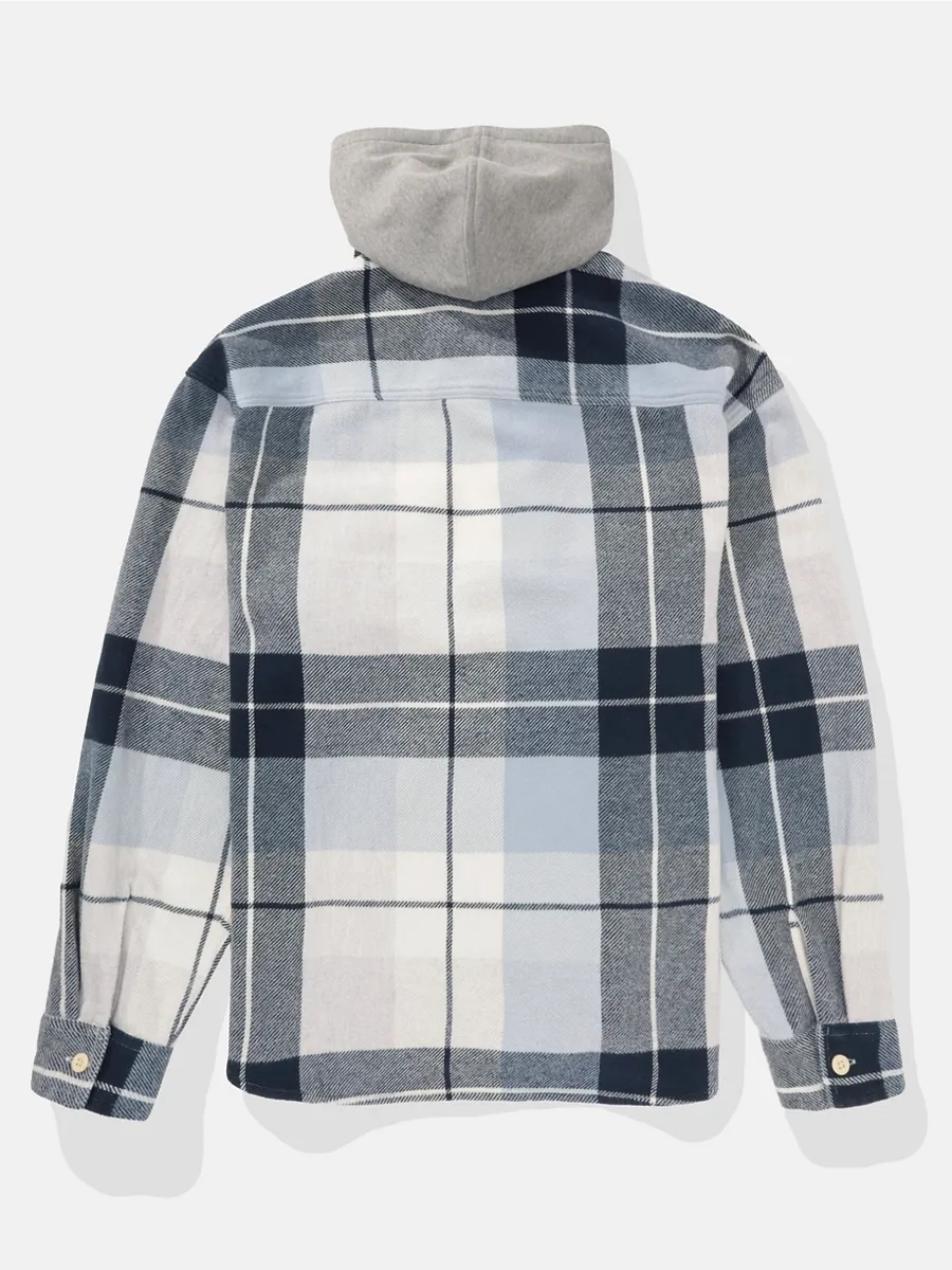 AMERICAN EAGLE MEN JEFFREY PLAID HOODED 3X1 FLANNEL 426 BRIGHT BLUE