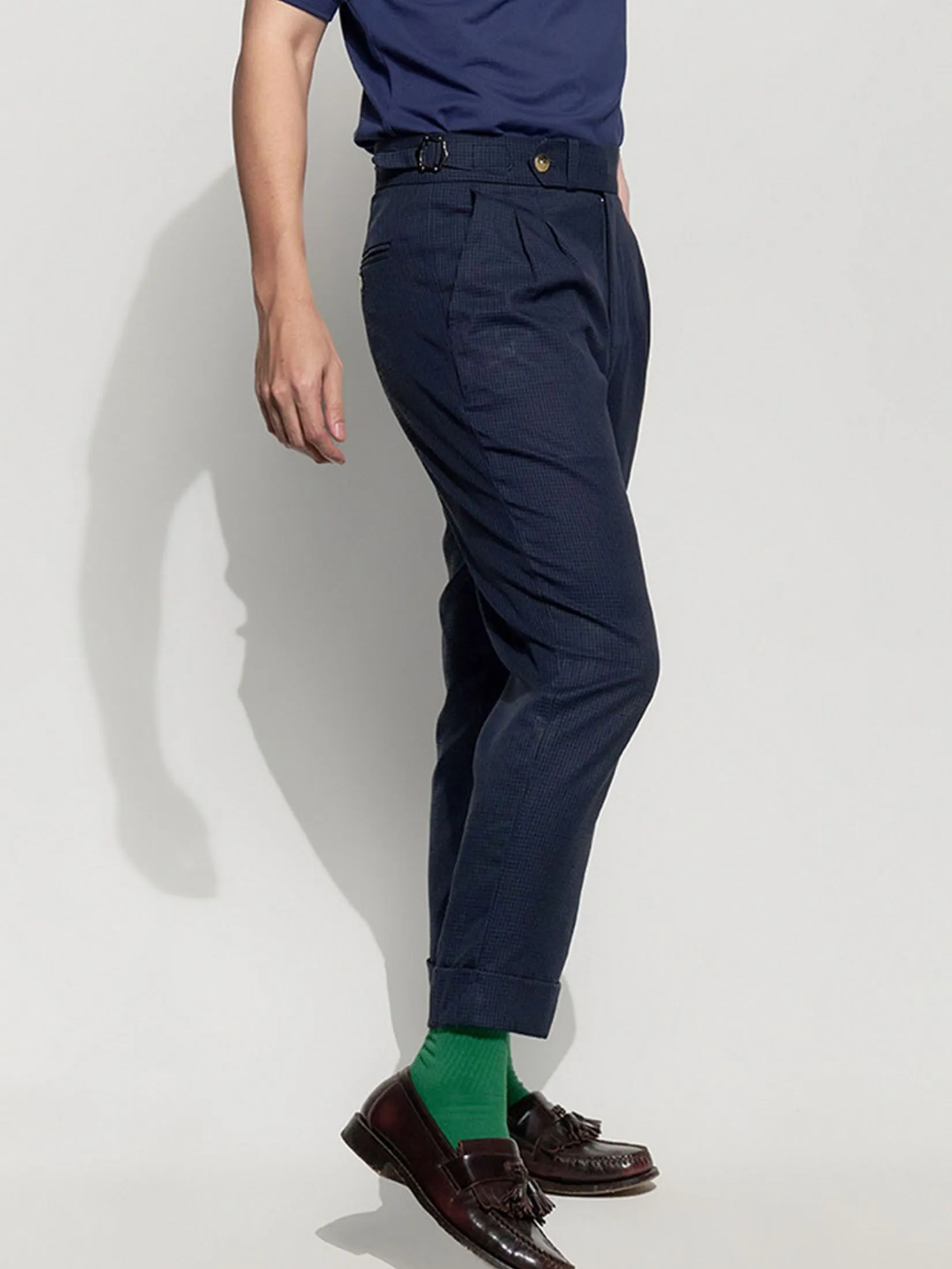 ERA-WON Men's Double belts trousers skinny crop fit Navy Blue