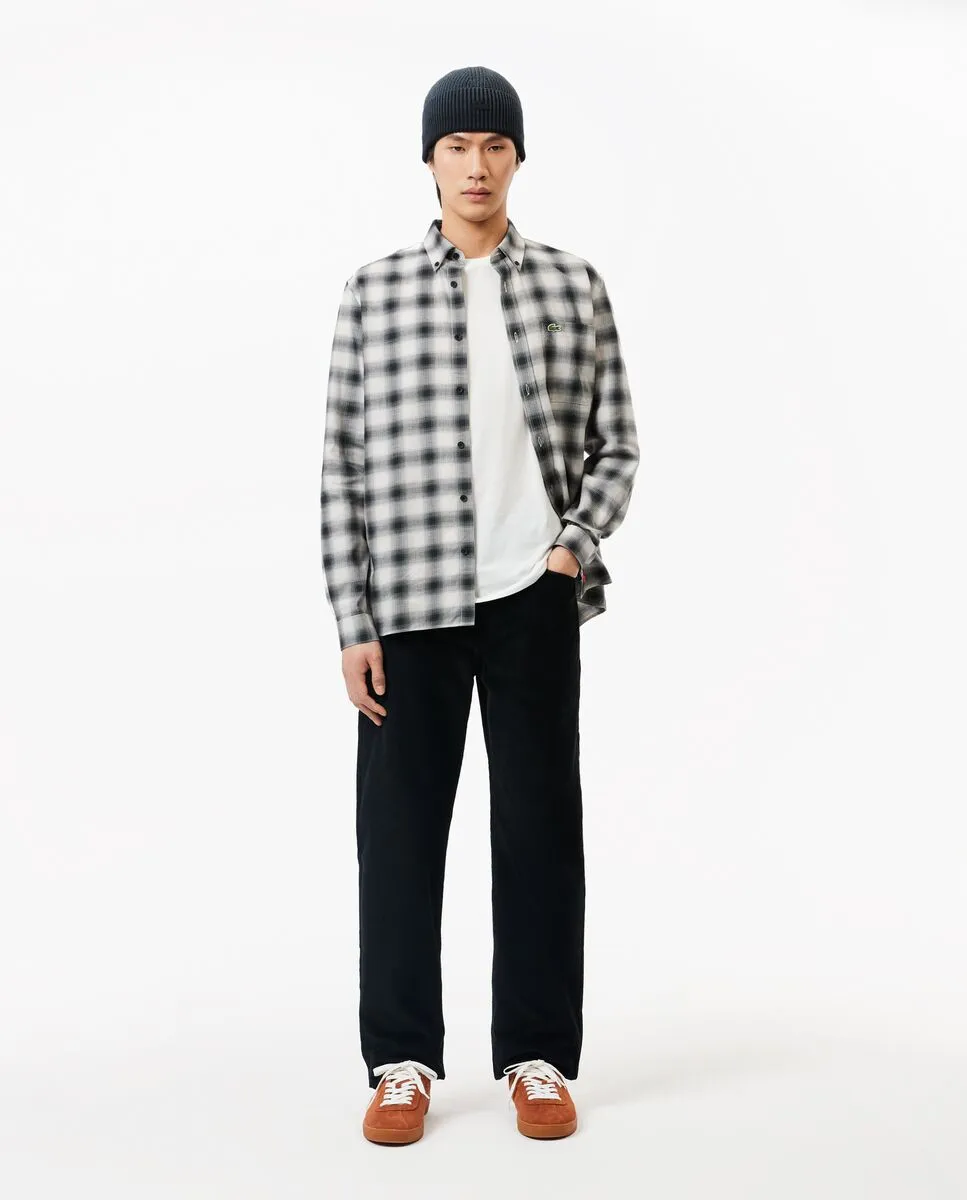LACOSTE Regular Fit Cotton and Wool Plaid Shirt Black