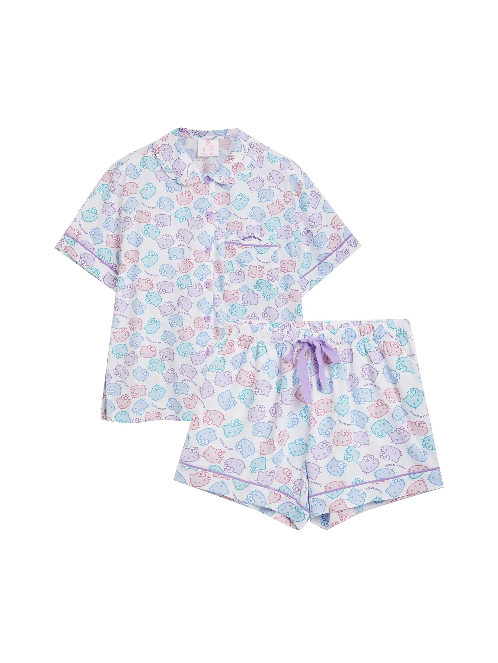SANRIO Women Pyjamas Shirt Collar Neck Shorts Sleeves + Shorts Rainbow Face Hello Kitty Off White