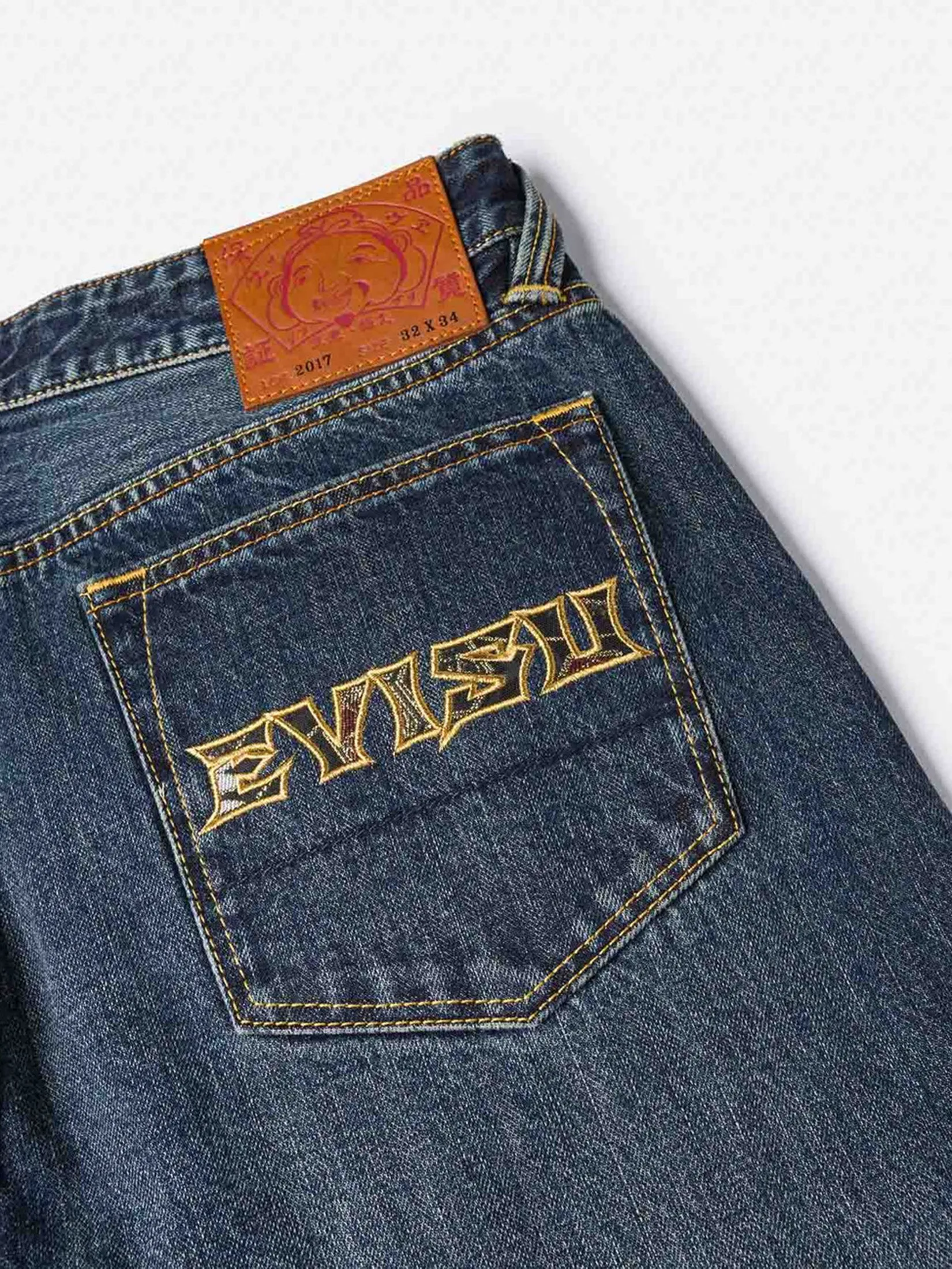 EVISU Men Jeans Brocade Patch Pocket Carrot Fit #2017 Navy