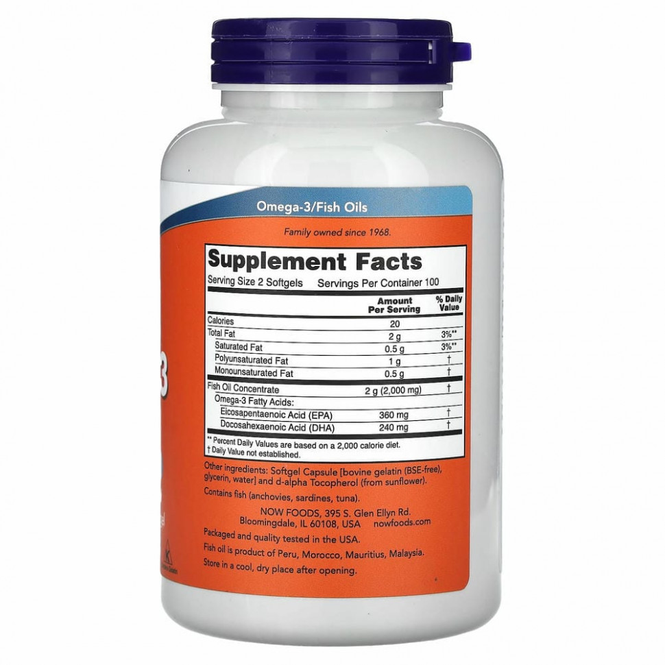 NOW Foods, жирные кислоты омега-3, 180 ЭПК / 120 ДГК, 200 капсул