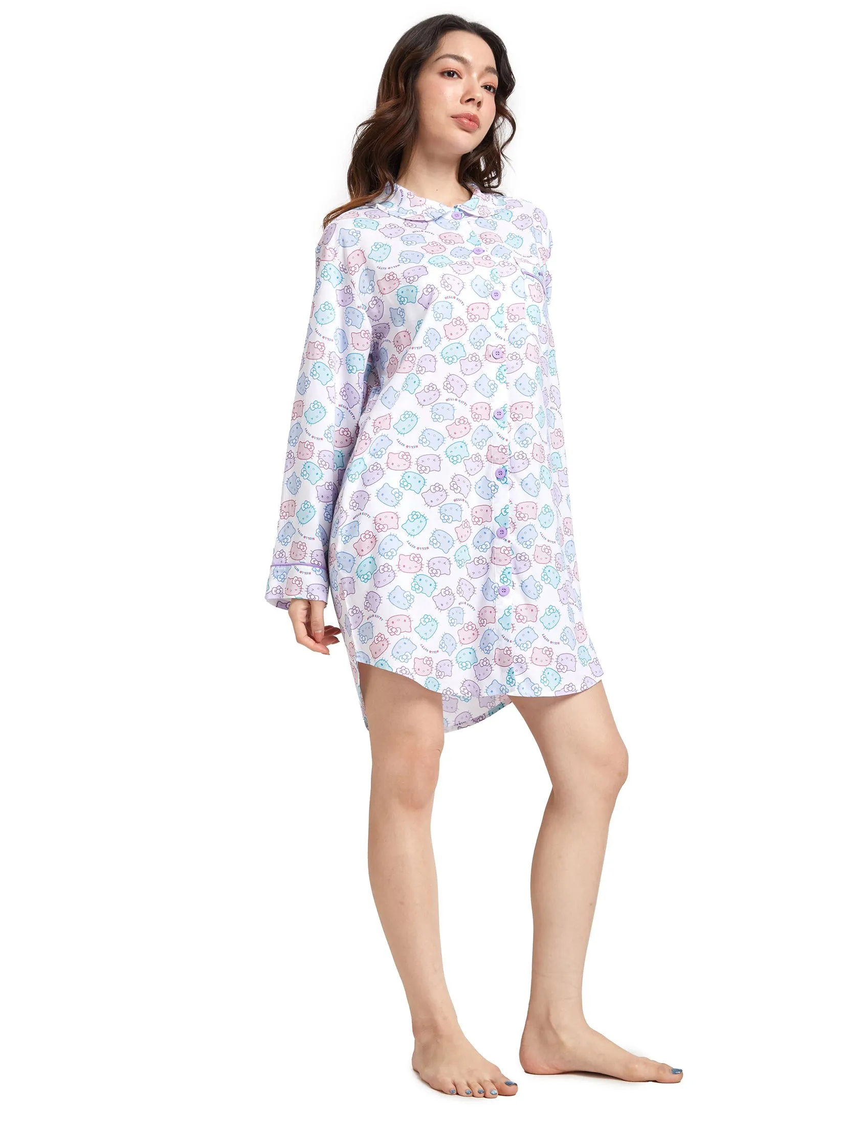 SANRIO Women Pyjamas Dress Collar Neck Long Sleeves Rainbow Face Hello Kitty Off White