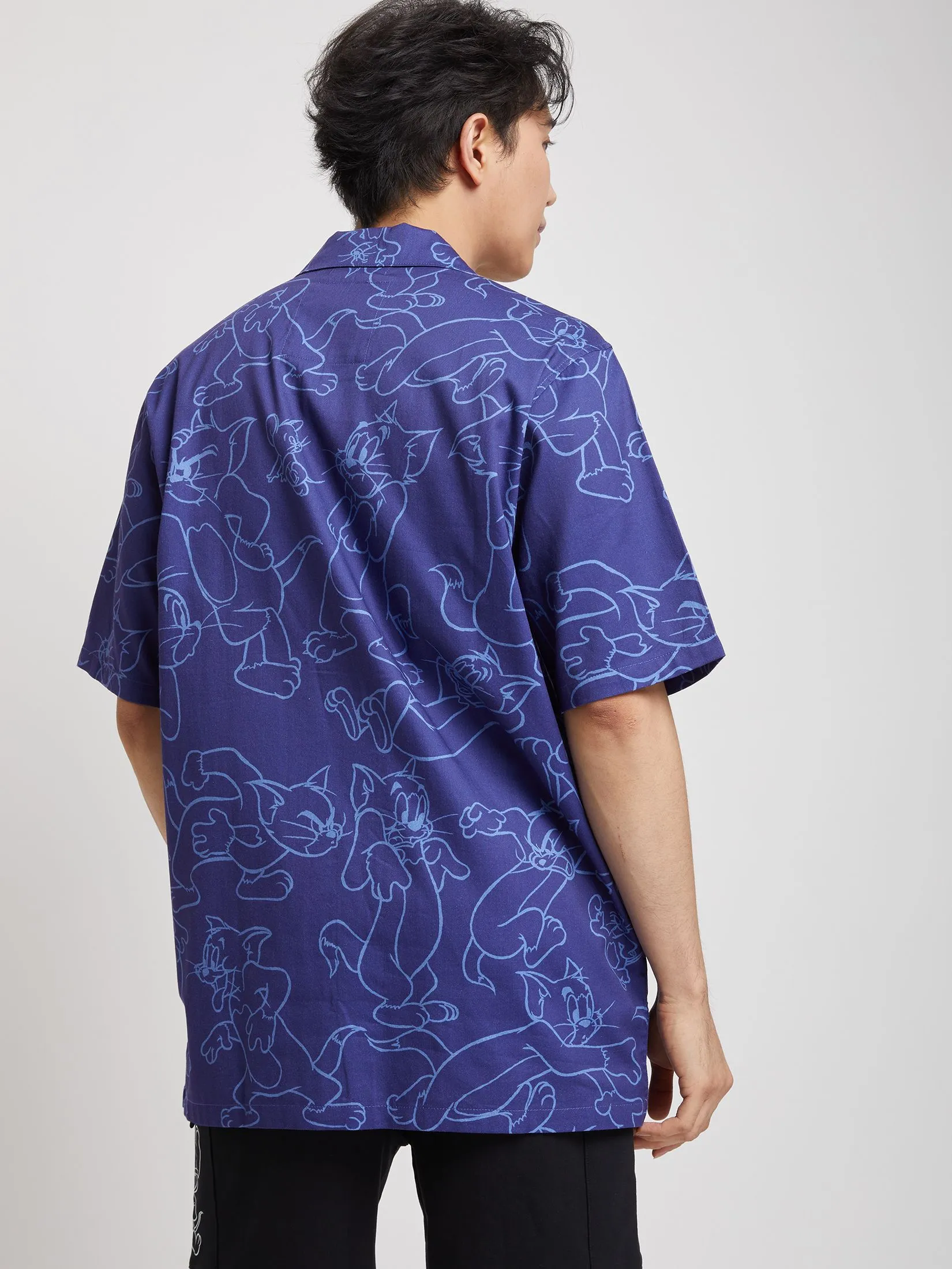 PACIFIC UNION Men Shirt Short Sleeve Oversize Tom and Jerry Navy