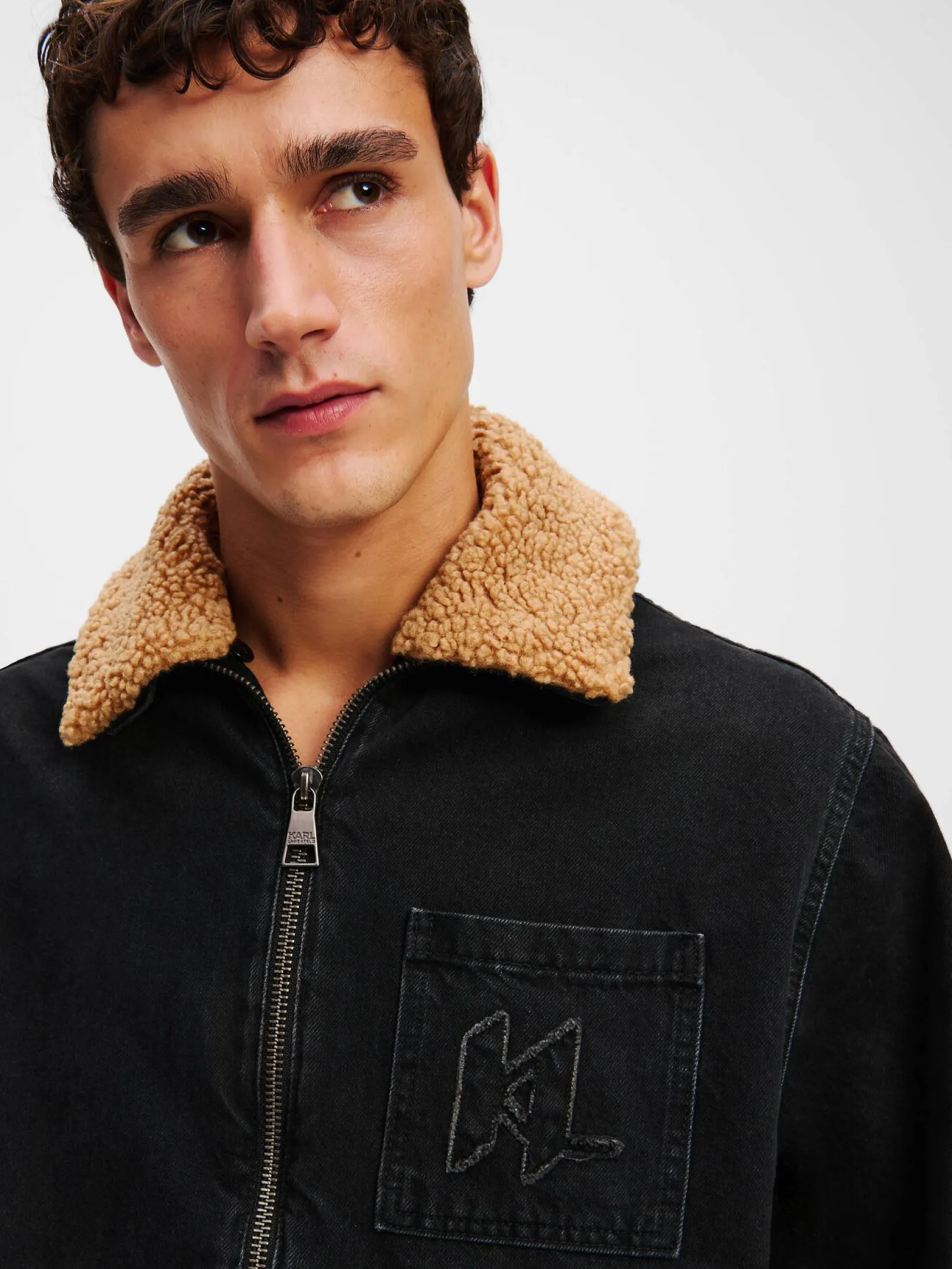 KARL LAGERFELD RTW-1 FAUX SHEARLING KL DENIM JACKET WASHED GREY DENIM