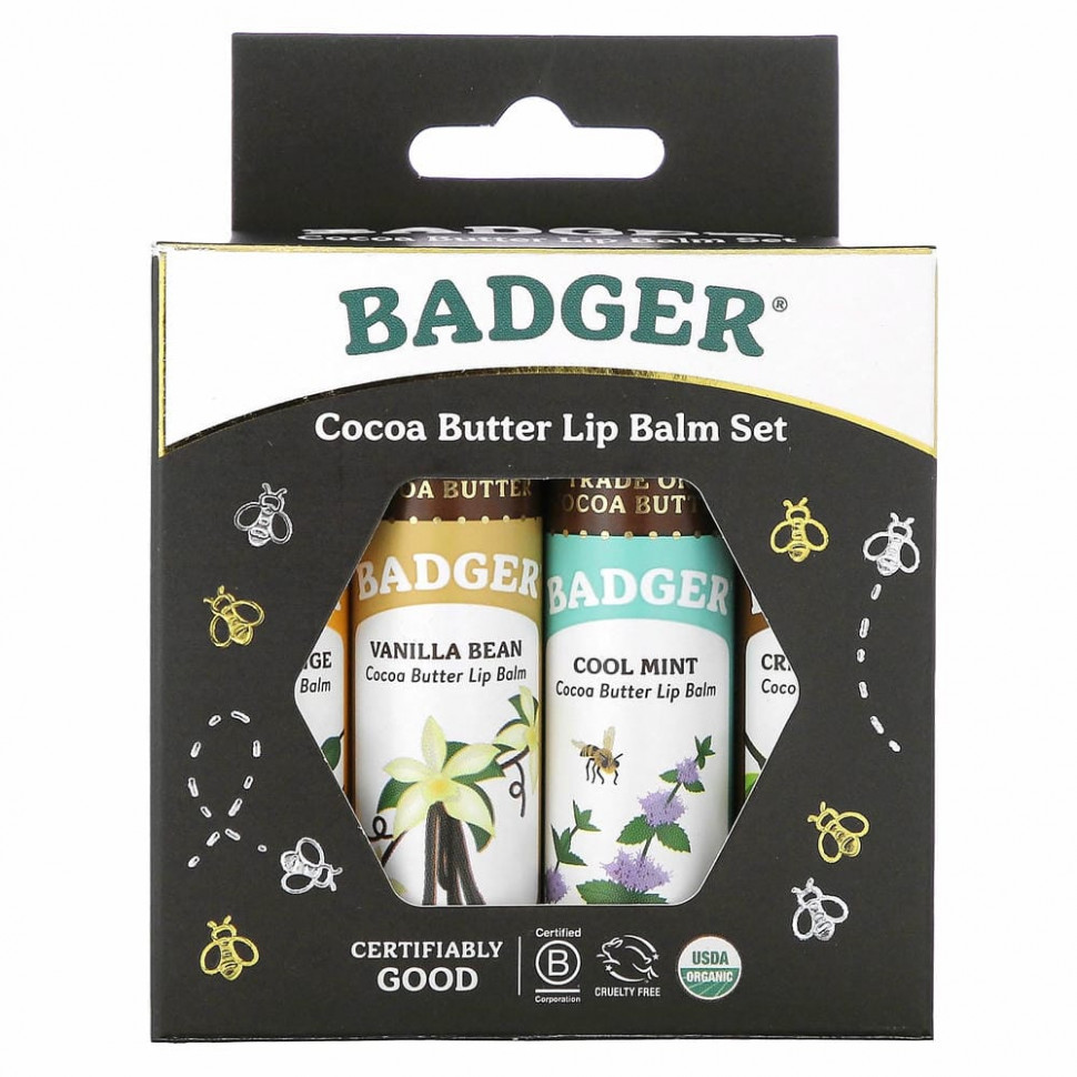 Badger Company, Organic, набор бальзамов для губ с маслом какао, 4 упаковки по 7 г (0,25 унции)