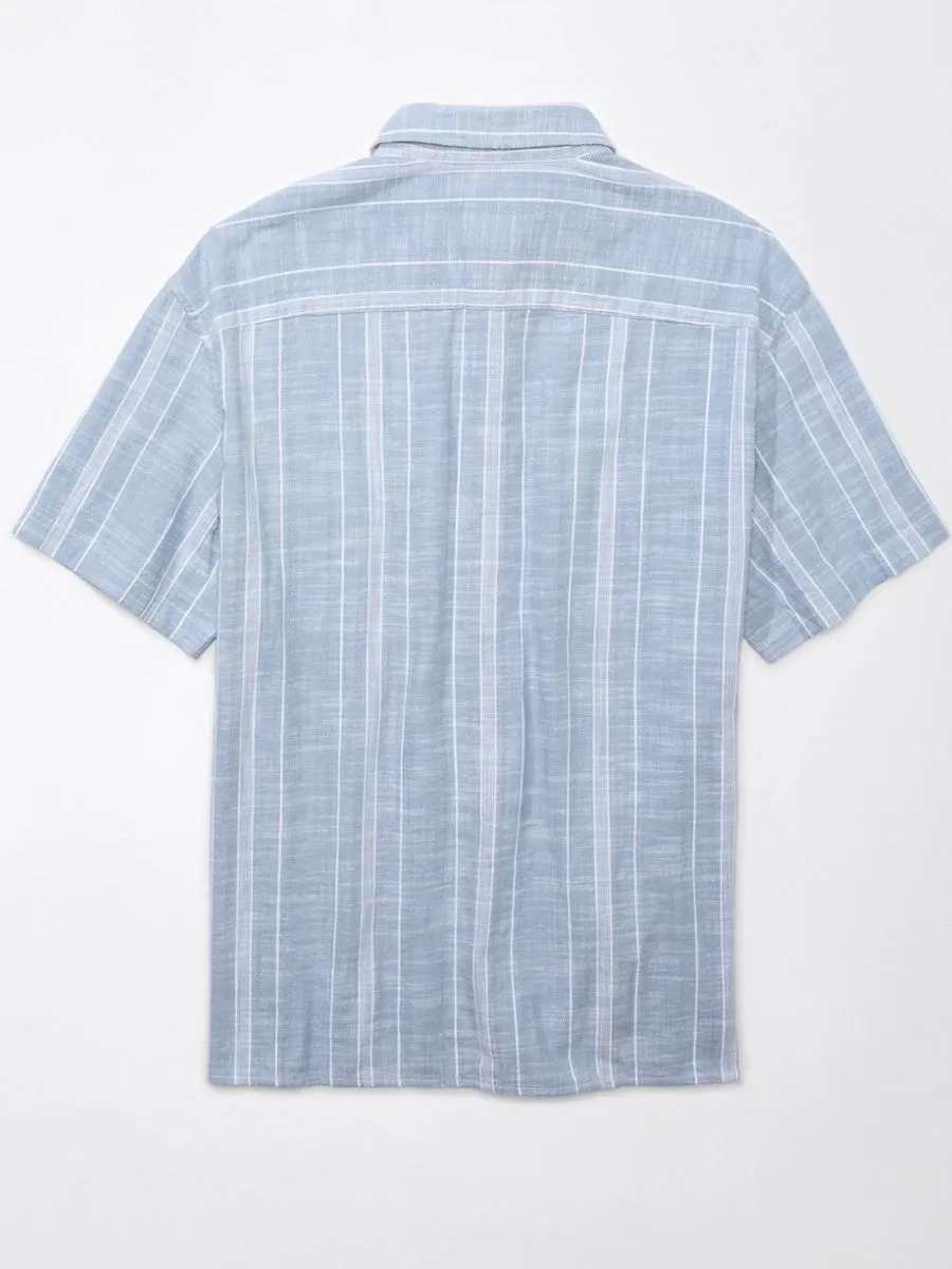 AMERICAN EAGLE MEN JACOB STRIPE SS OVERSIZED CSC 2 PKT SLUB COTTON SHIRT 407 GRAVITY BLUE