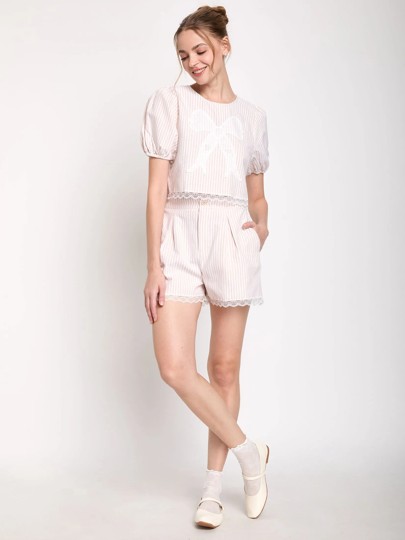 LOLITA Women Blouse With Lace Trim And Back Bow Detail