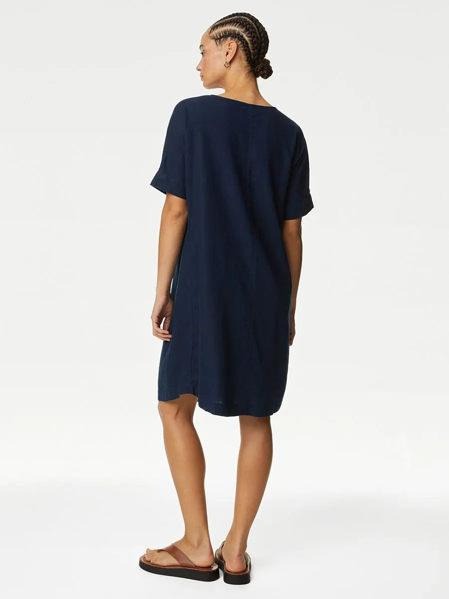 MARKS & SPENCER Women Dress V-Neck Knee Length Shift Linen Rich Navy