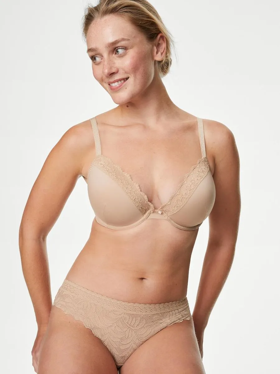 MARKS & SPENCER Women Bra Wired Plunge Padded Lace Pattern