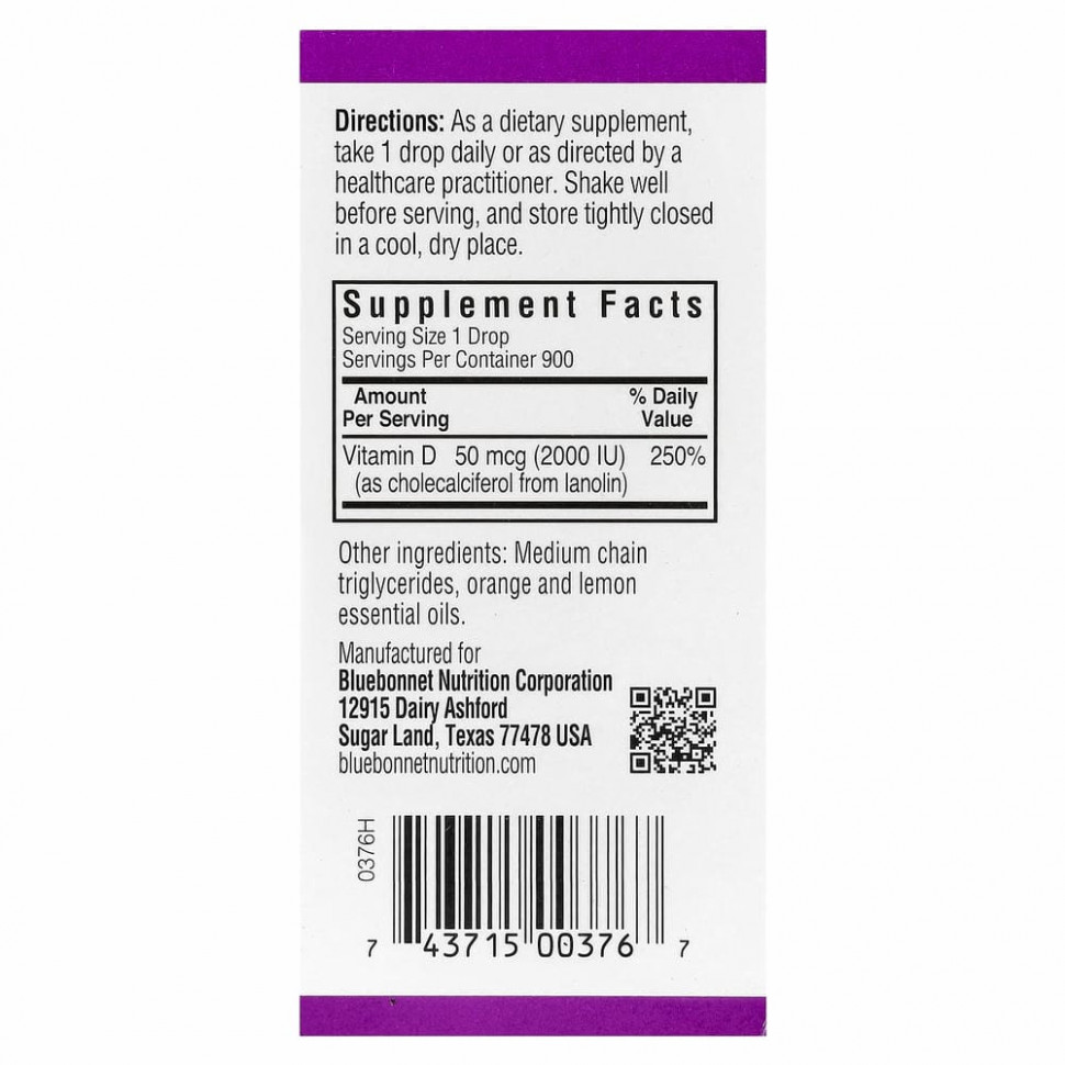 Bluebonnet Nutrition, Жидкий витамин D3 в каплях с натуральным цитрусовым вкусом, 2000 МЕ, 30 мл (1 жидкая унция)