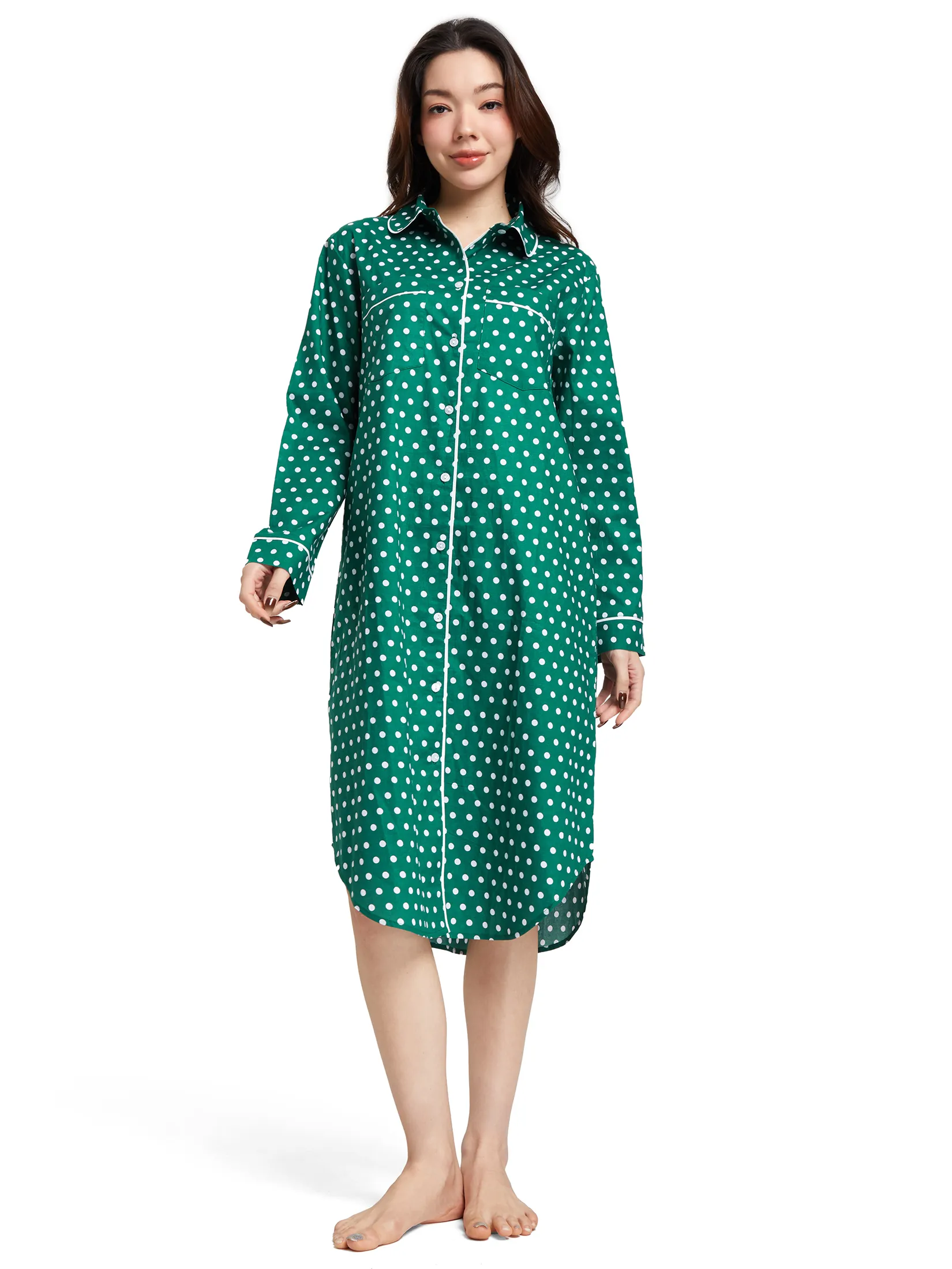 CLAUDIA'S ROMANCE Women Night Dress Long Sleeves Collar Front Pockets Green Size - 2XL