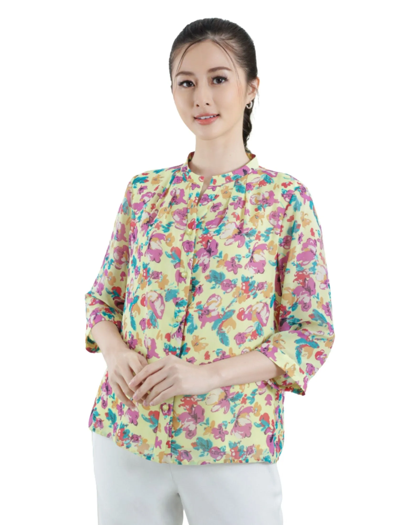 MIKIKO Women Blouse Long Sleeves Chiffon Print Yellow