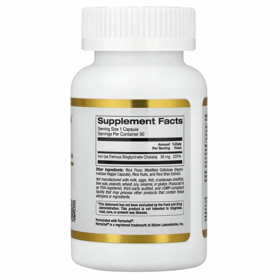 California Gold Nutrition, Ferrochel, железо (бисглицинат), 36 мг, 90 растительных капсул