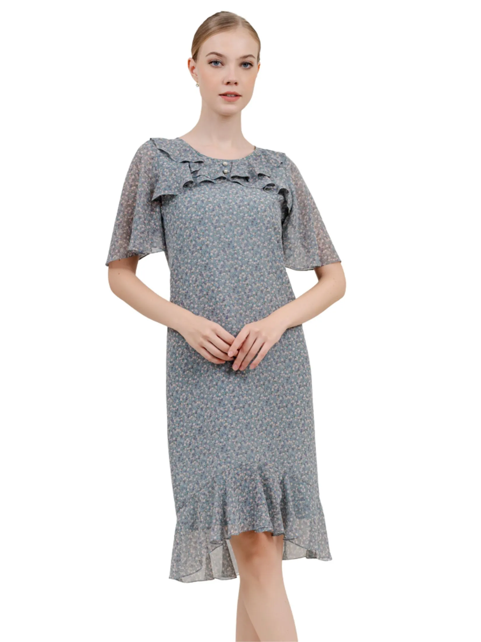 VERONIQA Women Dress Short Sleeves Chiffon Print Green