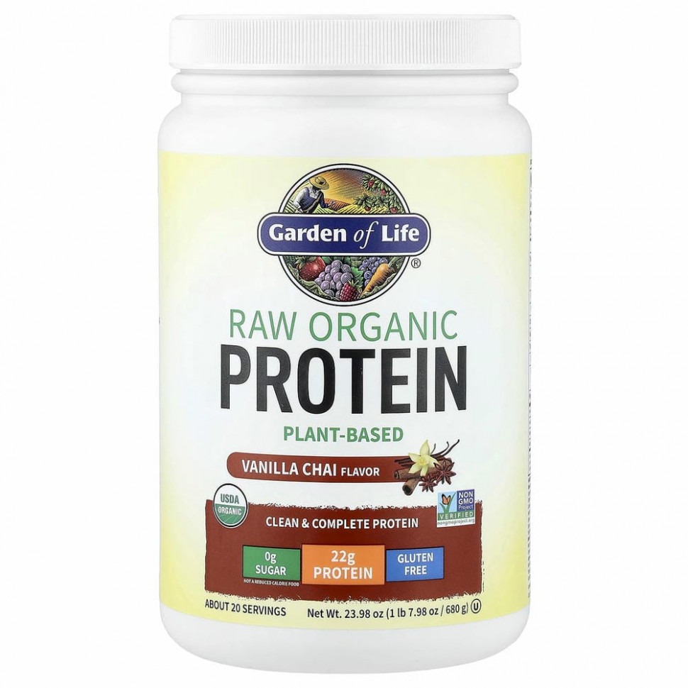 Garden of Life, RAW Organic Protein, формула из органических растений, ванильный чай, 580 г (20,45 унции)