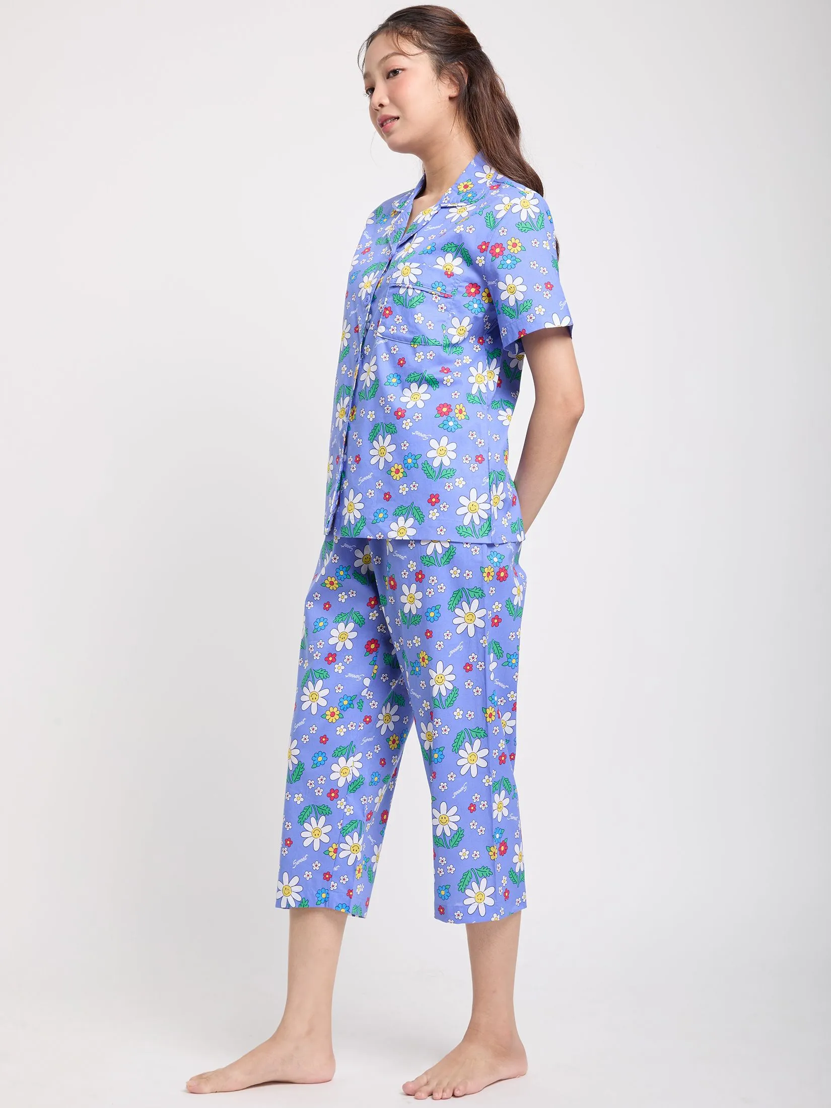 SWEET SENSATIONS Women Pyjamas Hawaii Shirt Short Sleeves + Cropped Pants Print Navy