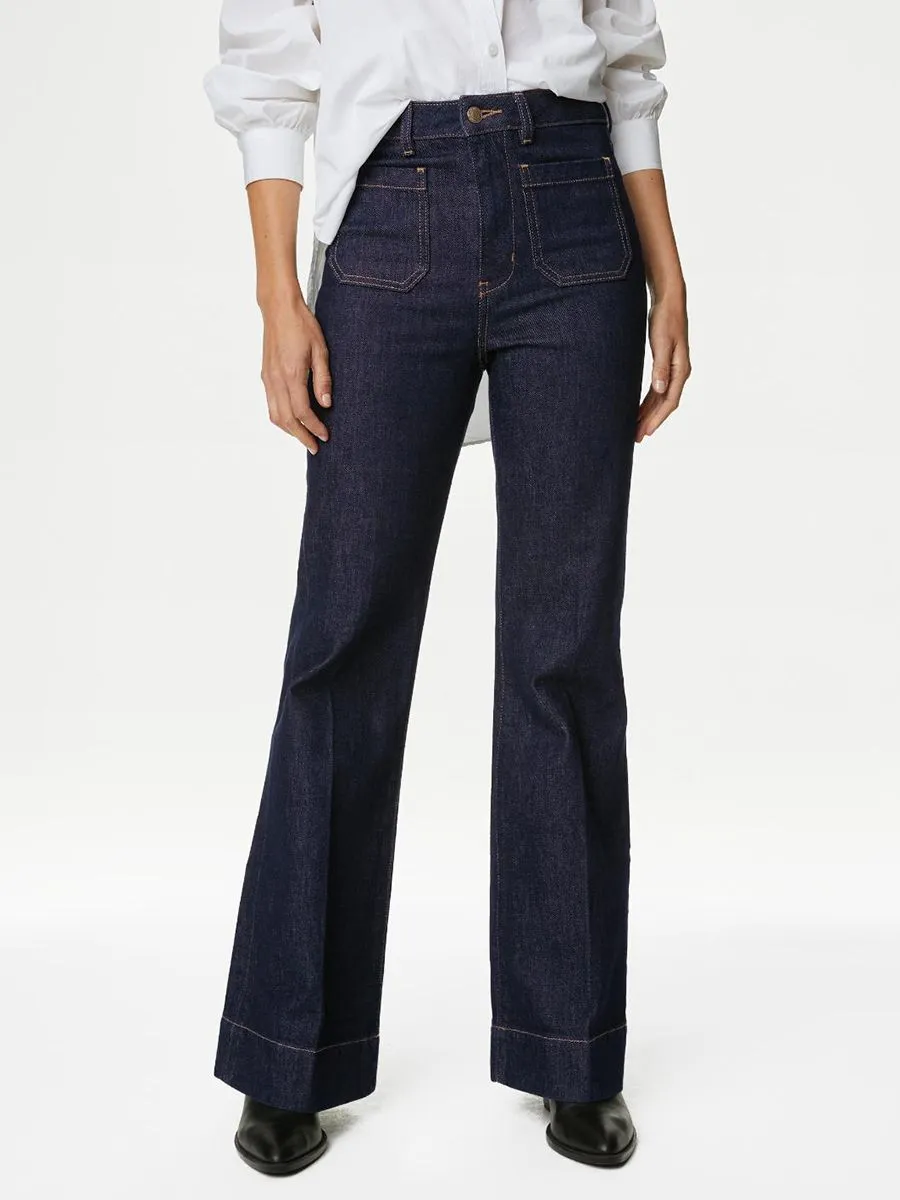 MARKS & SPENCER Women High Waisted Jeans Patch Pocket Flare