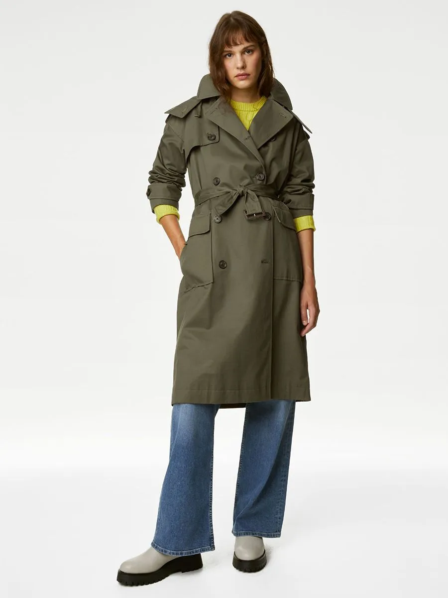 MARKS & SPENCER Women Coat Pure Cotton Stormwear Longline Trench Hunter Green