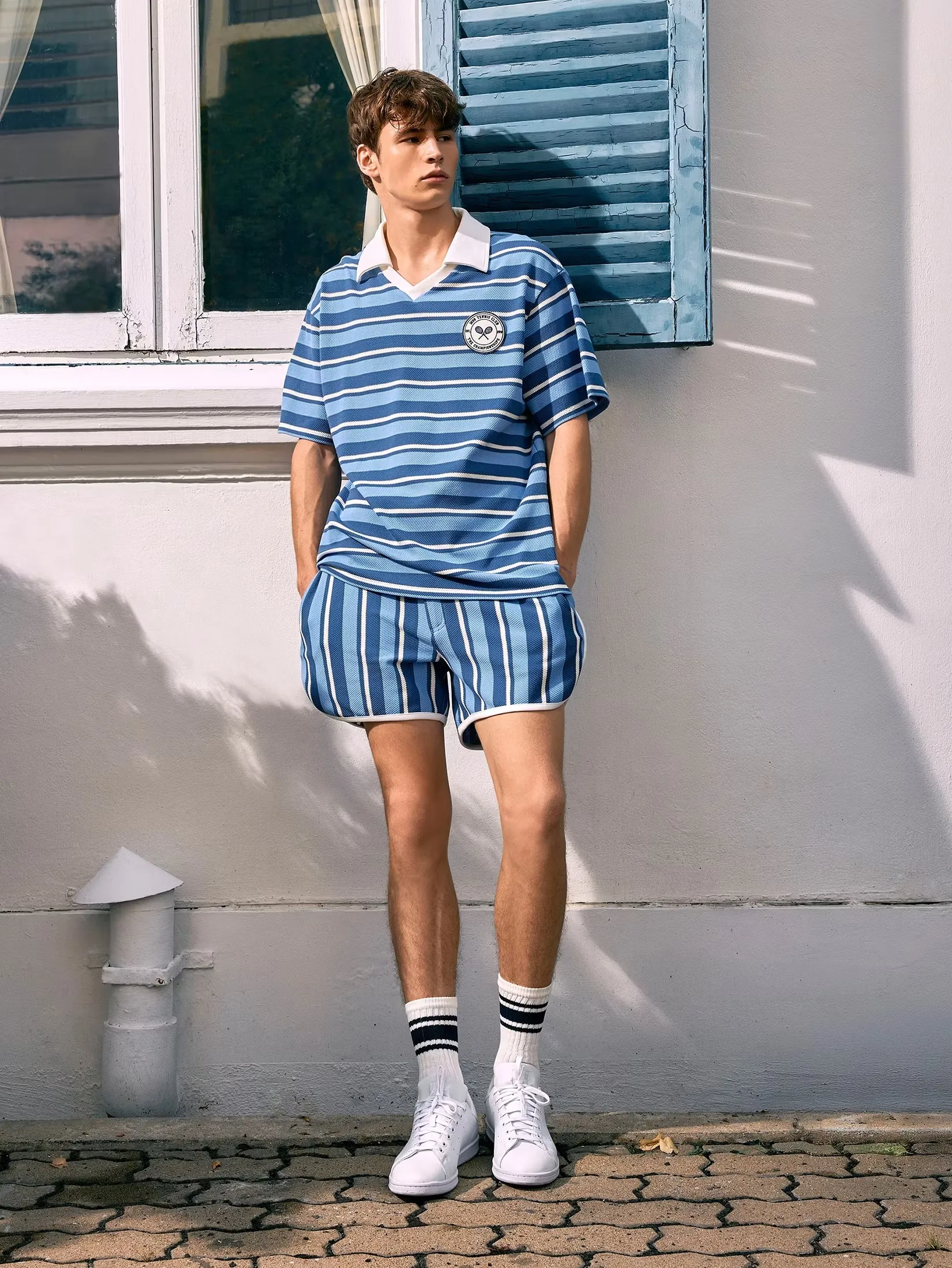 MOO [MOO 3/25]  Tennis Striped Knitted Shorts Blue
