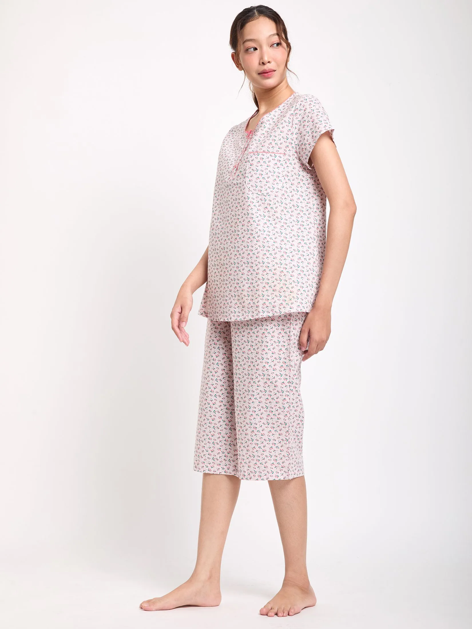 CLAUDIA'S ROMANCE Women Pyjamas T-Shirt Short Sleeves Crew Neck + 3/4 Pants Print Pink