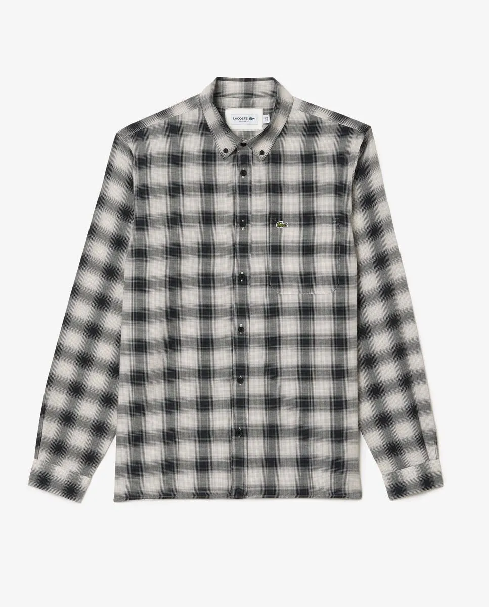 LACOSTE Regular Fit Cotton and Wool Plaid Shirt Black