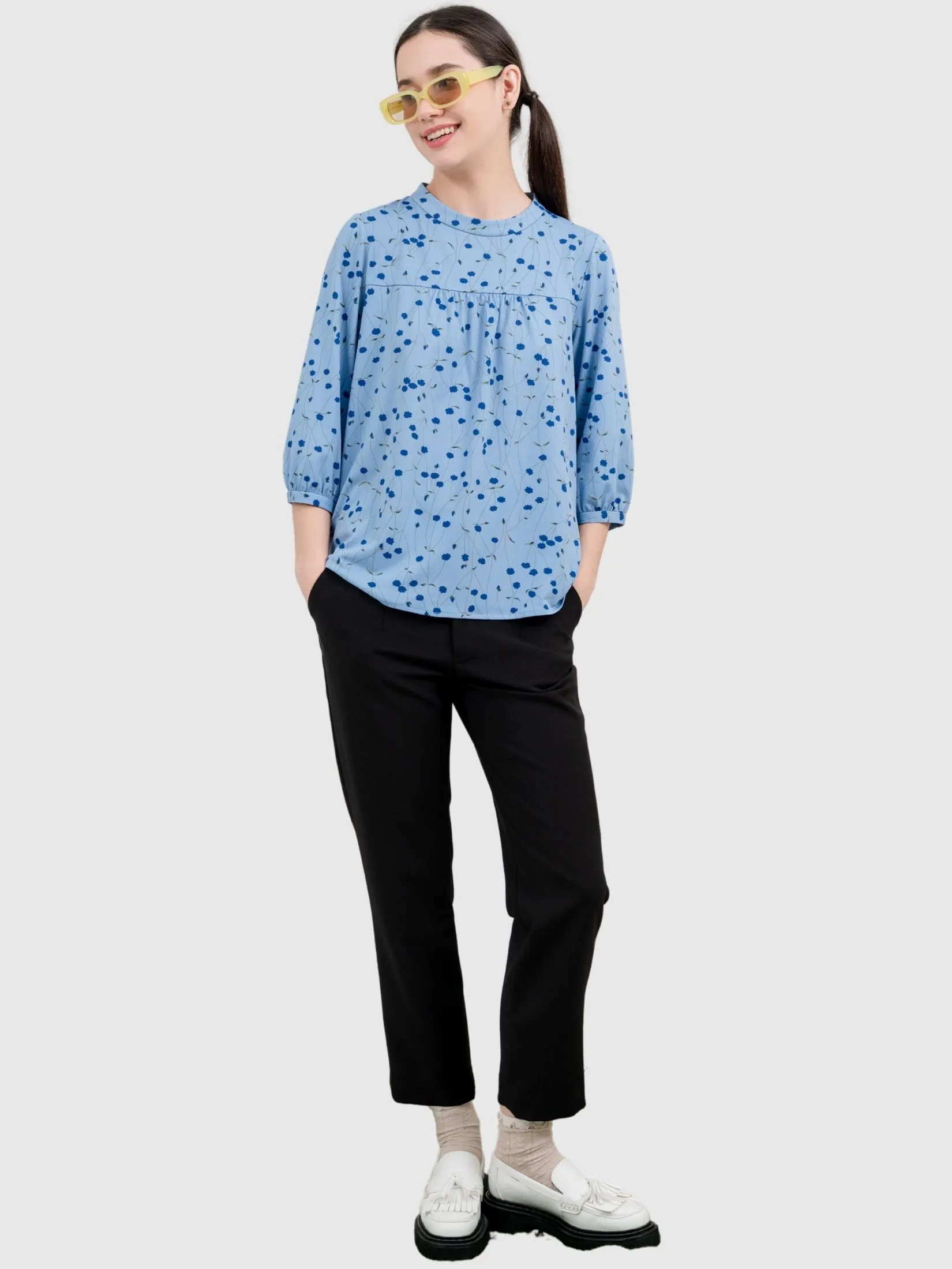 AMILA Women Blouse Long Sleeves Spun Print Blue
