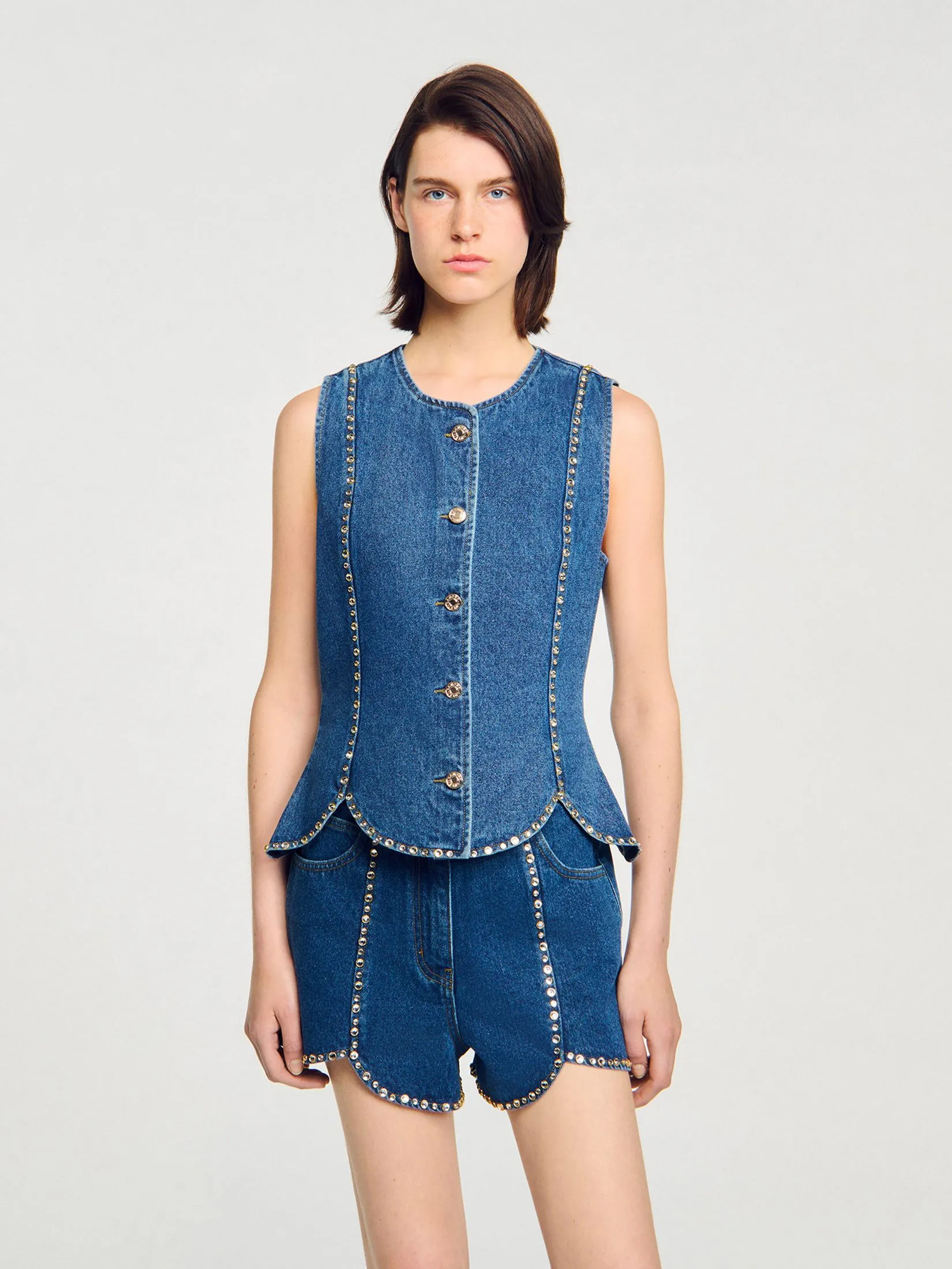 SANDRO Rhinestone Denim Top