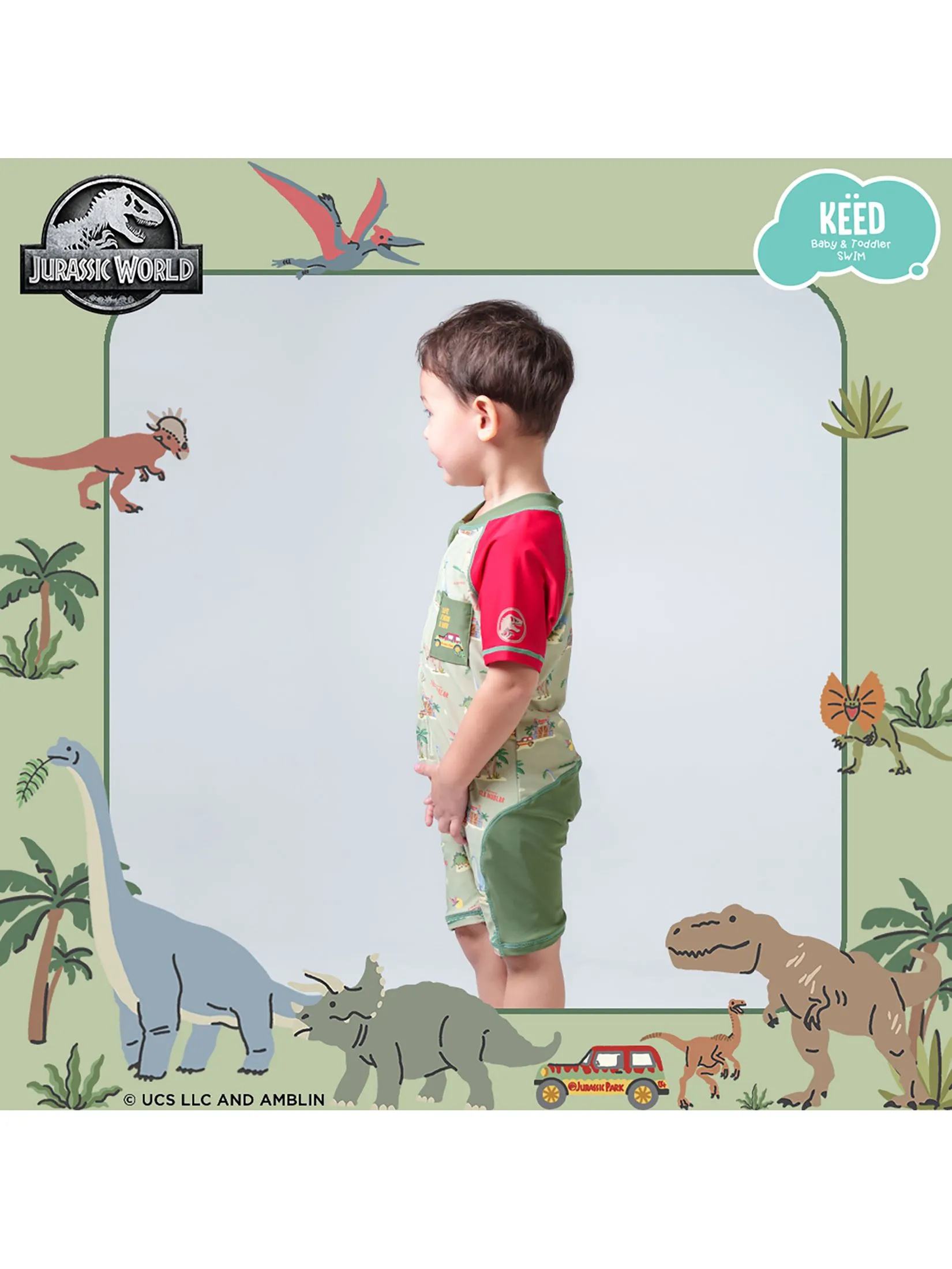 KEED Boy Swimsuit Short Sleeves Jurassic World Khaki Green